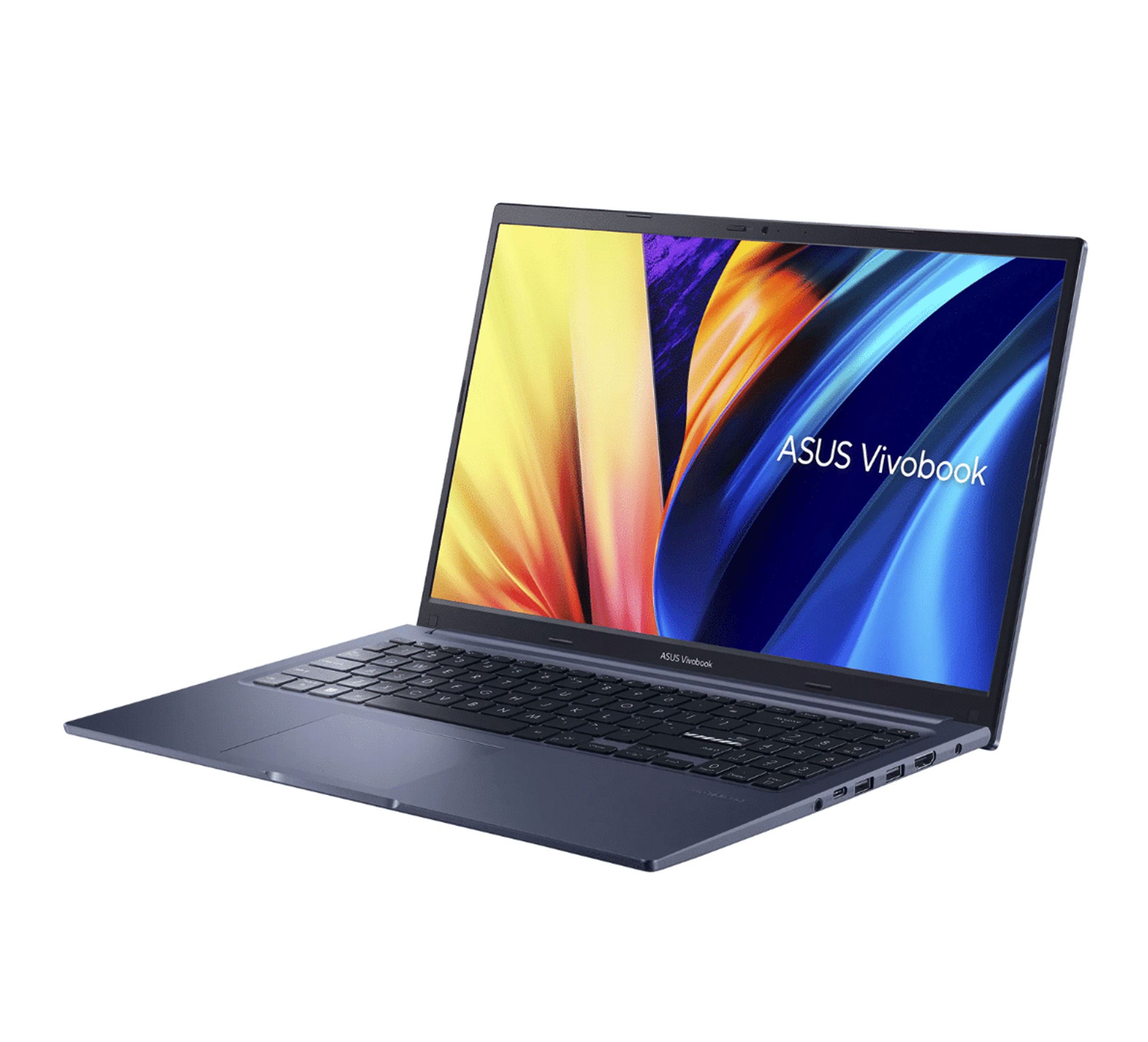 Ciemnoniebieski laptop ASUS Vivobook z podświetlaną klawiaturą, na białym tle.