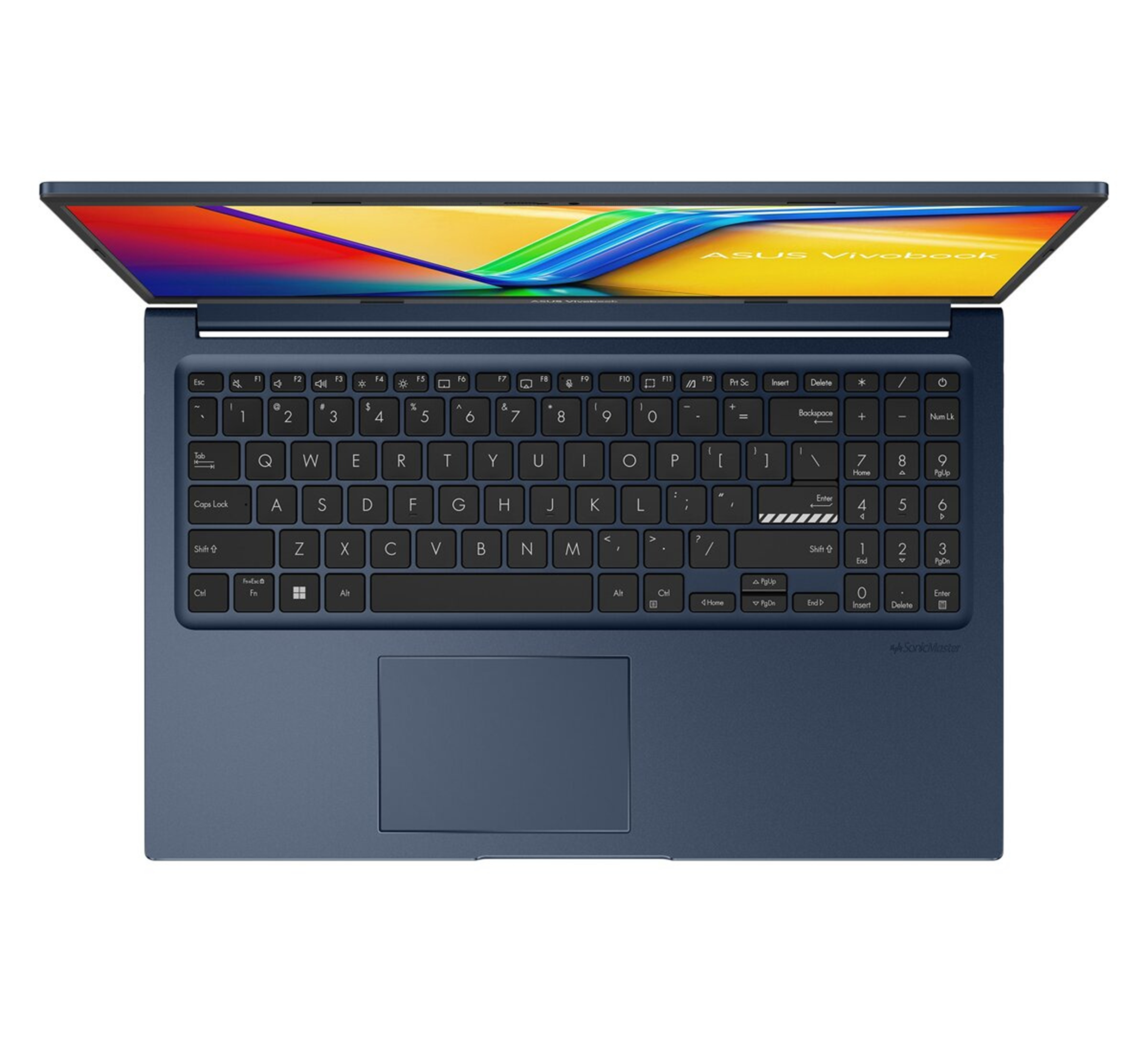 Ciemnoniebieski laptop z otwartym ekranem, wyświetlający kolorową tapetę.