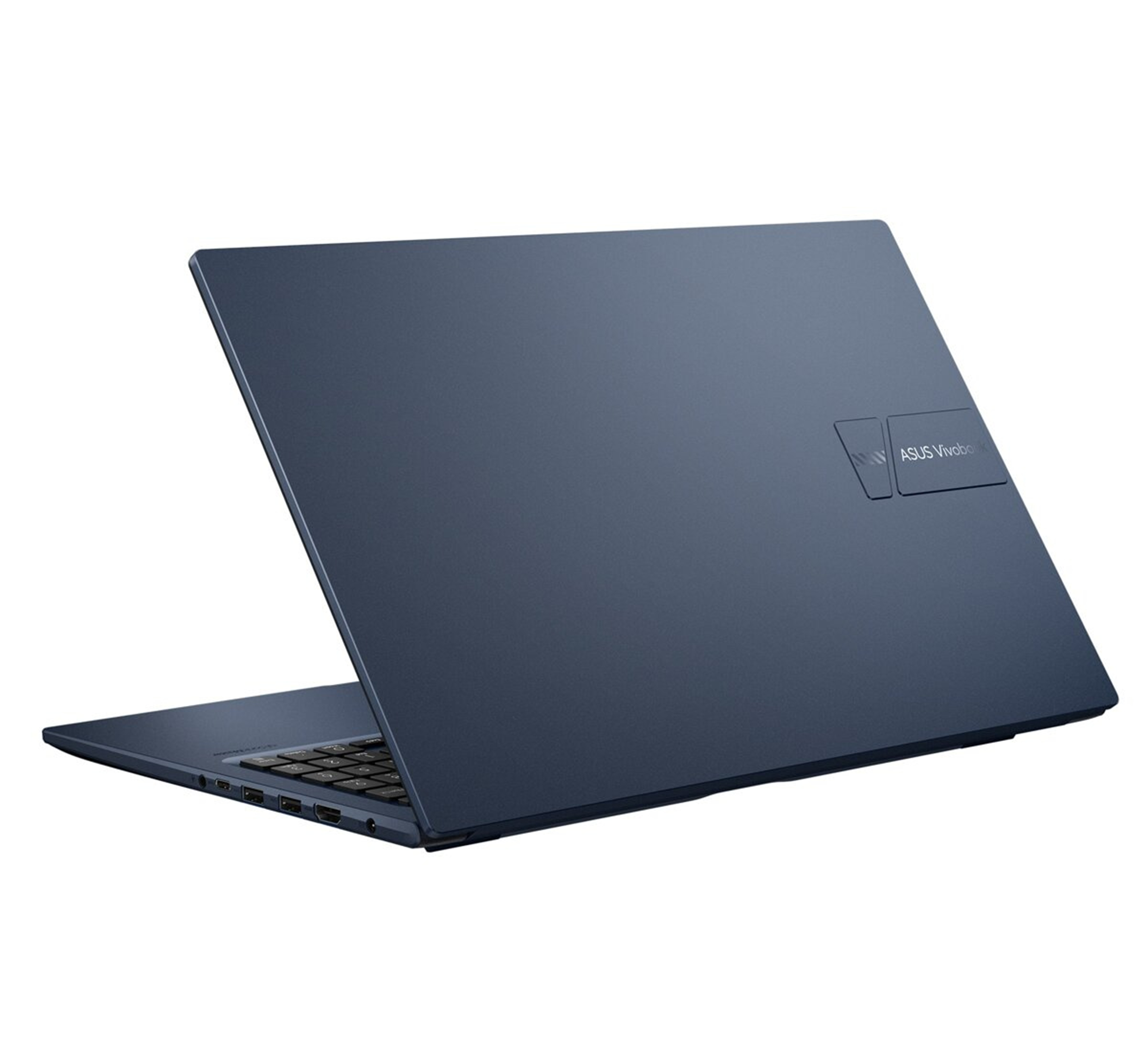 Ciemnoniebieski laptop ASUS Vivobook otwarty na białym tle.