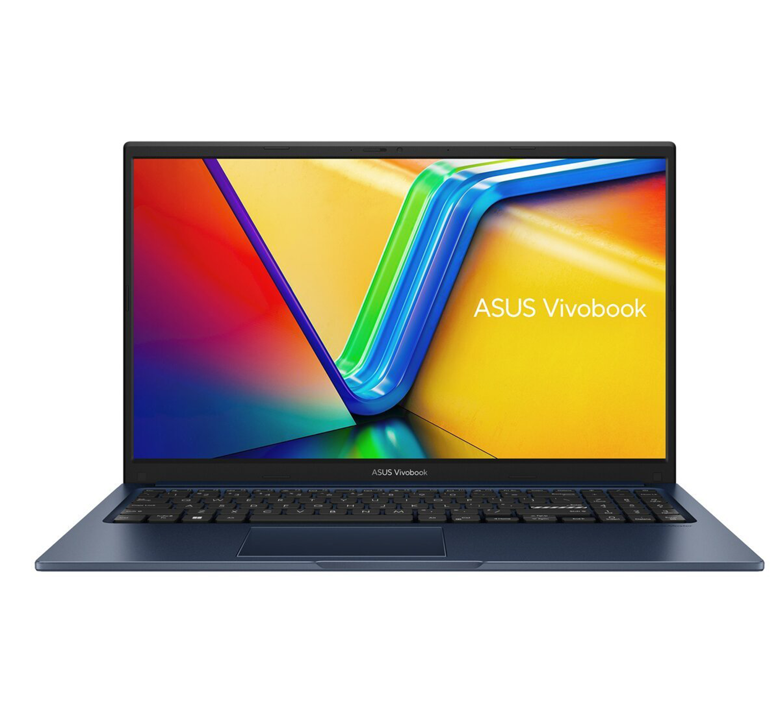 Otwarty ciemnoniebieski laptop ASUS Vivobook z kolorową tapetą.