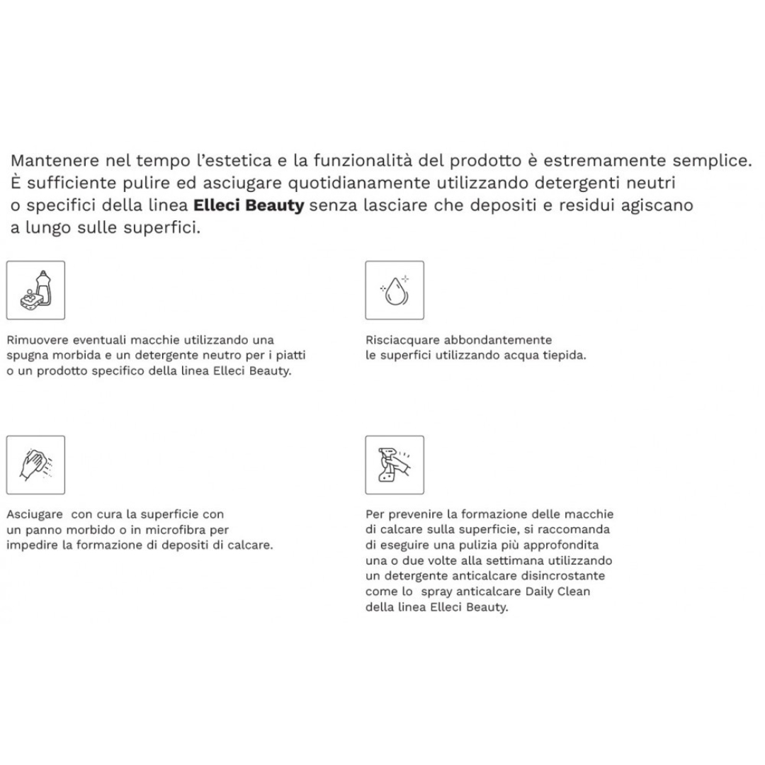 Istruzioni di pulizia: rimuovere macchie, risciacquare, asciugare, prevenire calcare.