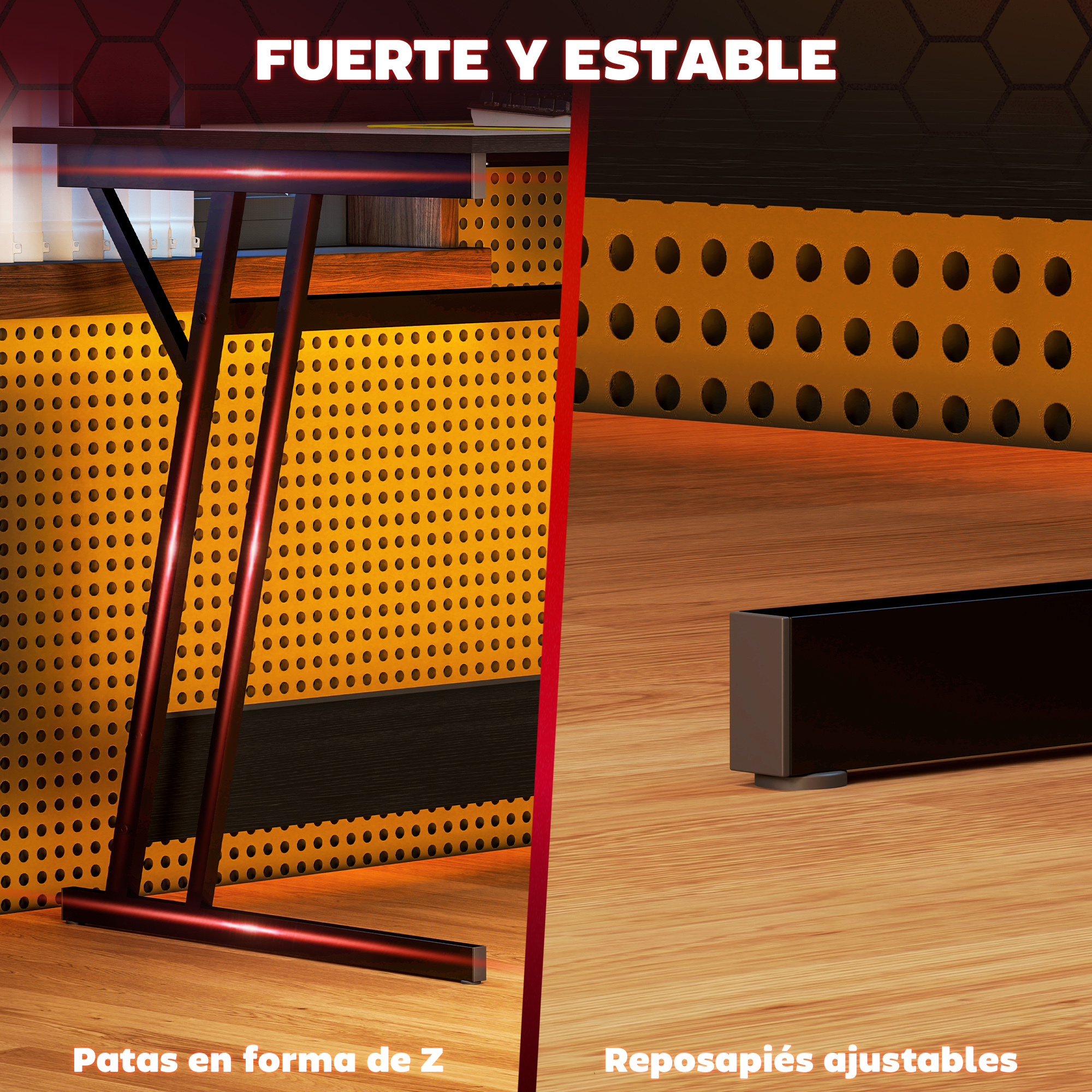 Patas en Z y reposapiés ajustables sobre suelo de madera.