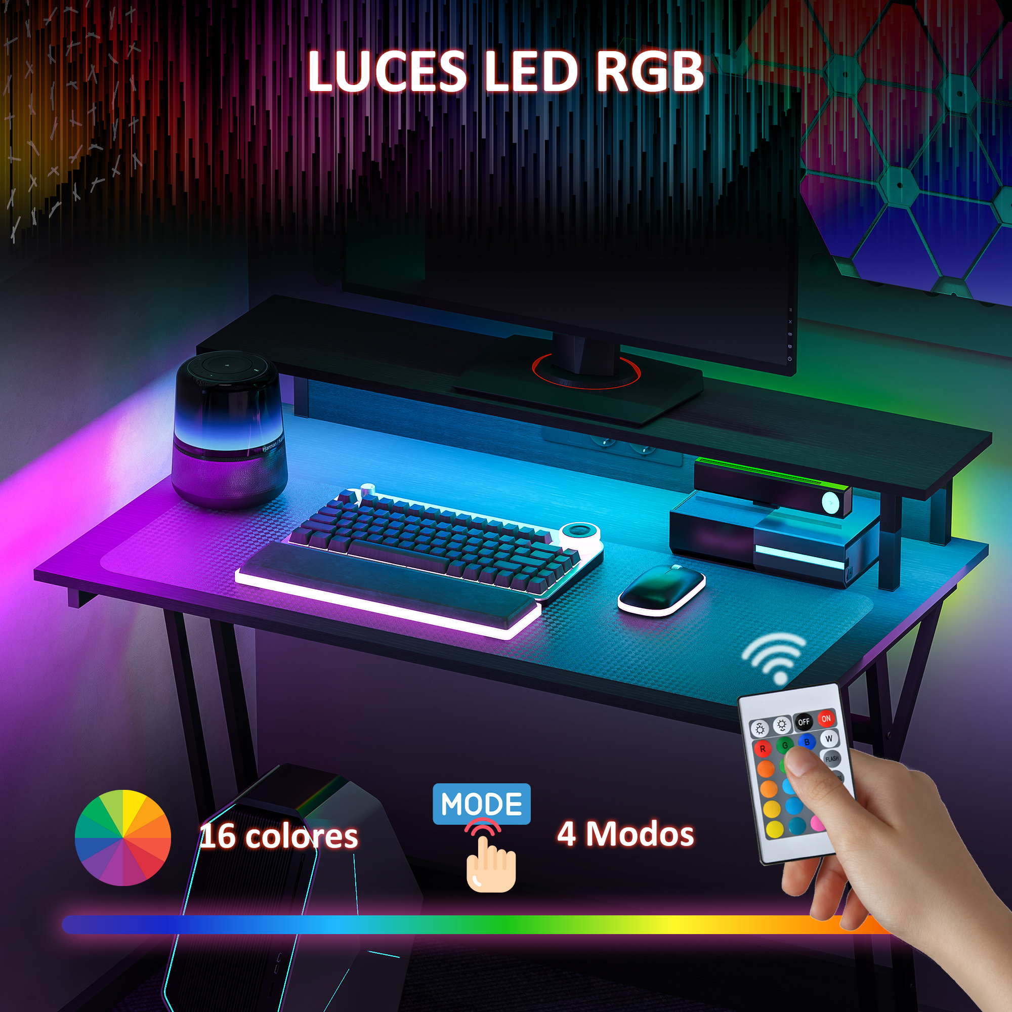 Escritorio gaming con luces LED RGB, teclado, ratón y mando a distancia.
