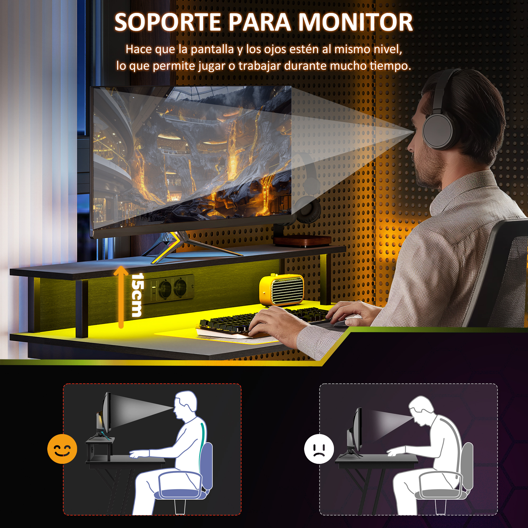 Hombre con auriculares en escritorio, monitor en soporte, 15cm de altura.