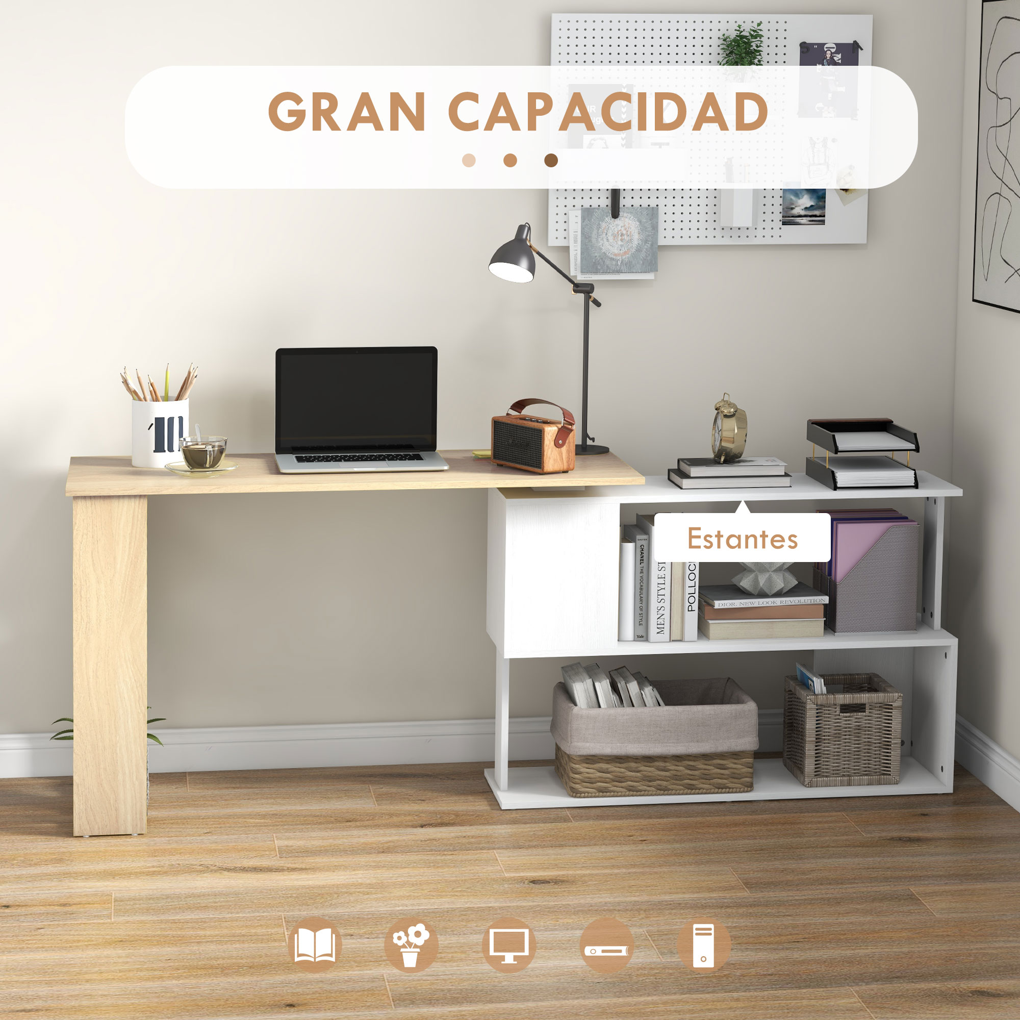 Un escritorio con portátil, lámpara y unidad de almacenamiento.