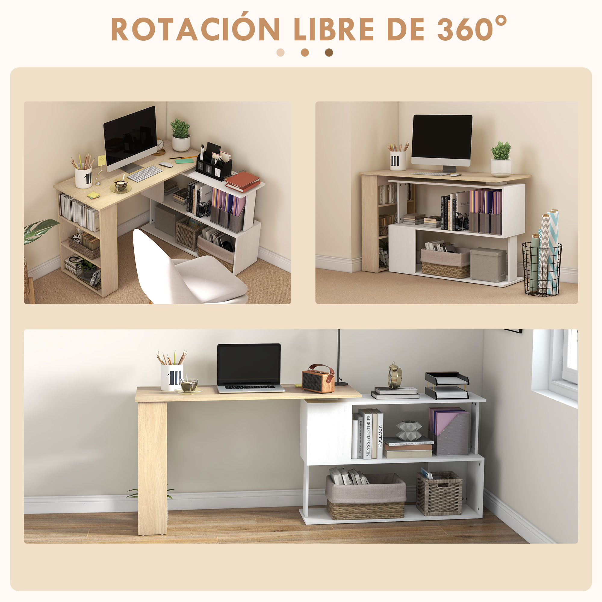 Tres vistas de un escritorio de madera clara con estantes. Forma de L, recto, con portátil.