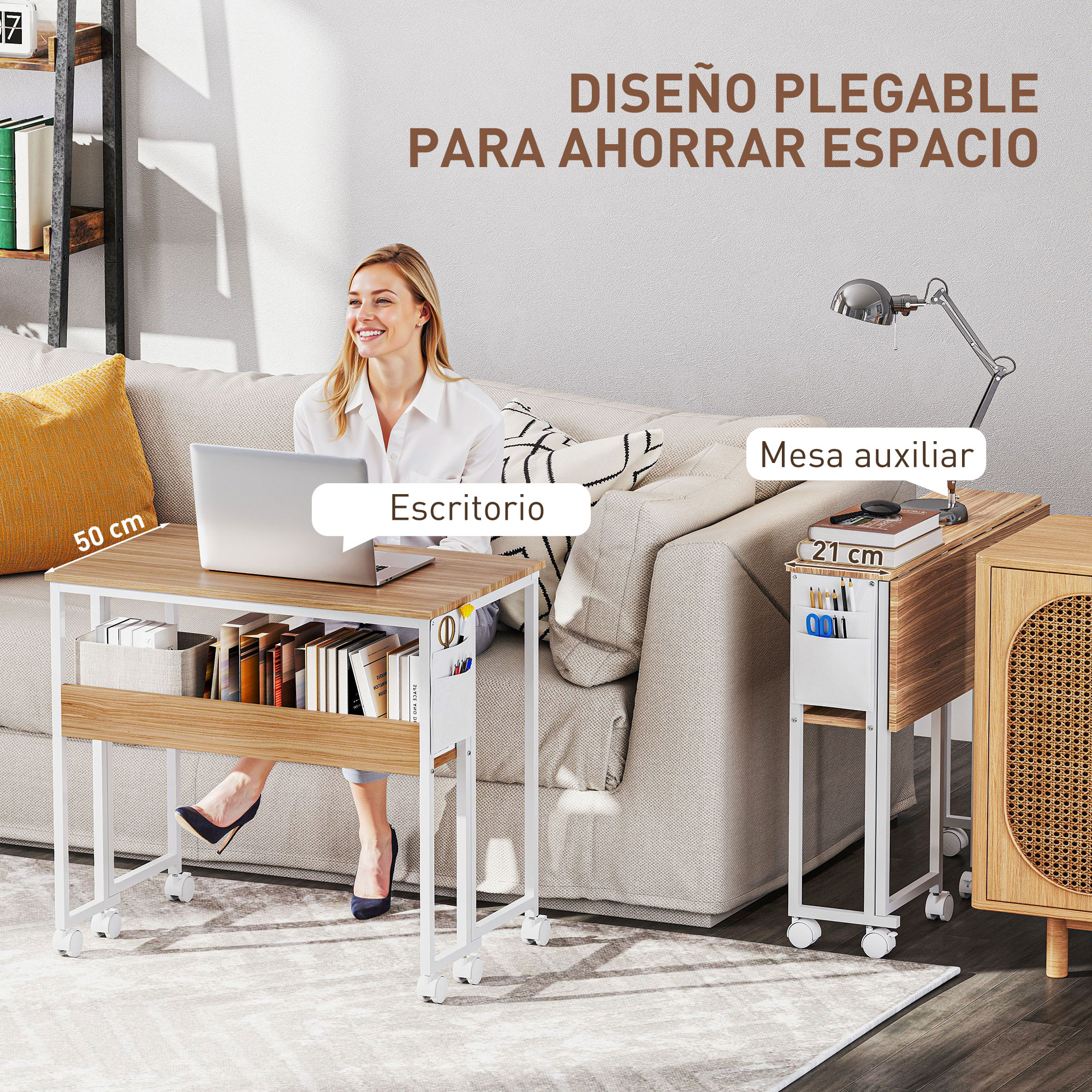 Mujer trabaja en portátil en escritorio plegable junto a sofá.