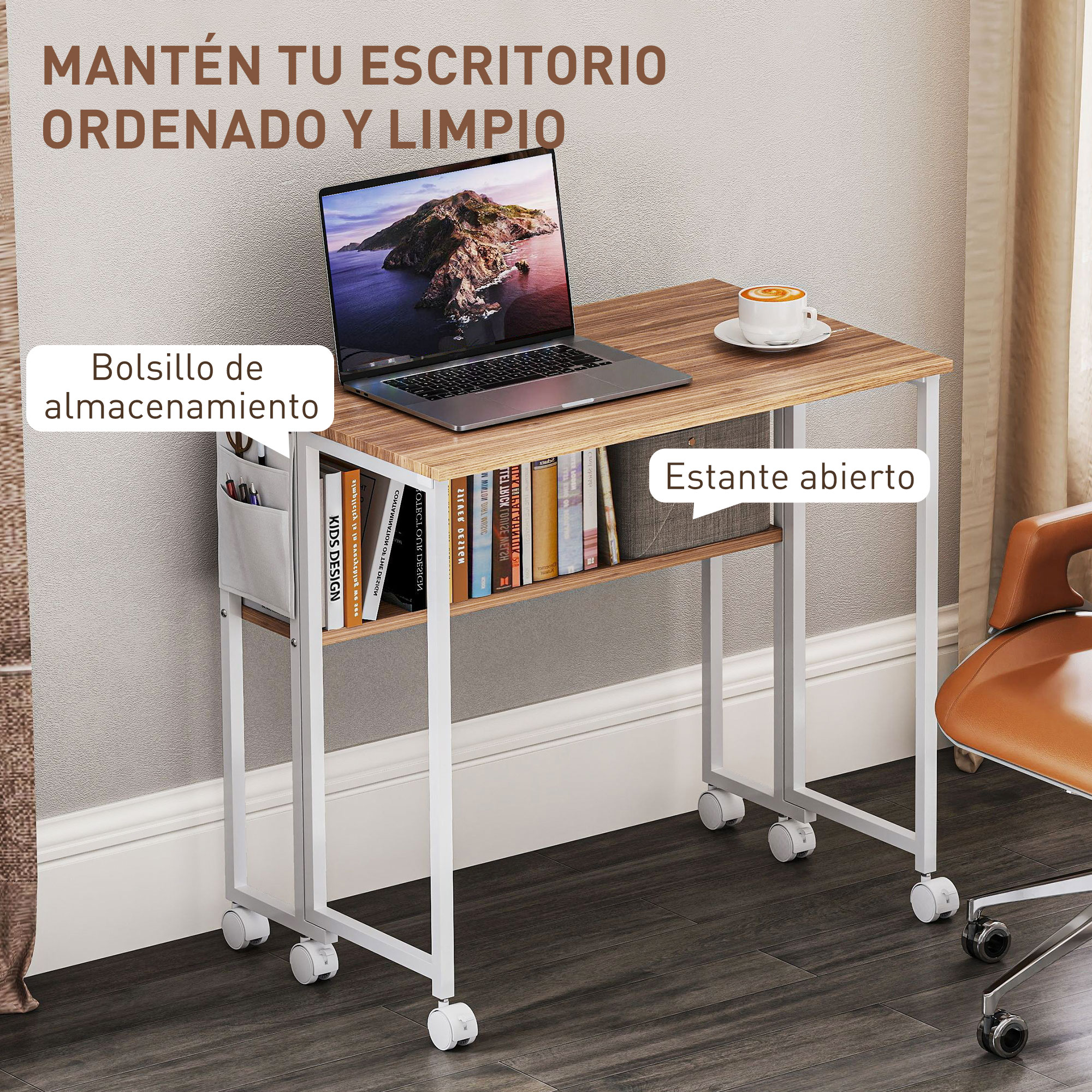 Un escritorio con laptop, taza de café y libros en un estante.