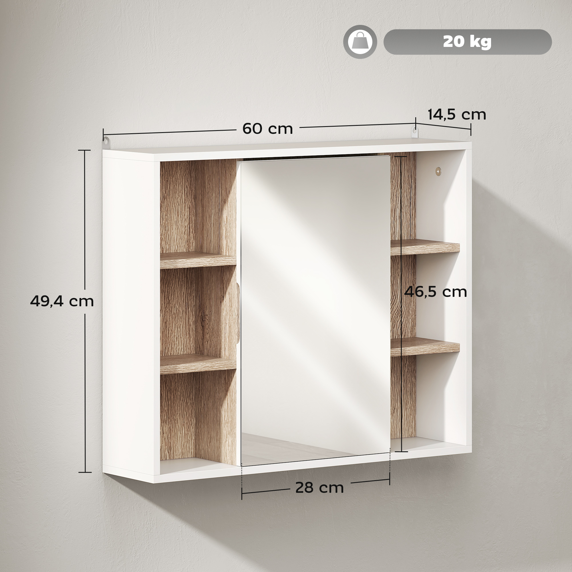 Un armario de pared blanco con puerta de espejo y estantes de madera.