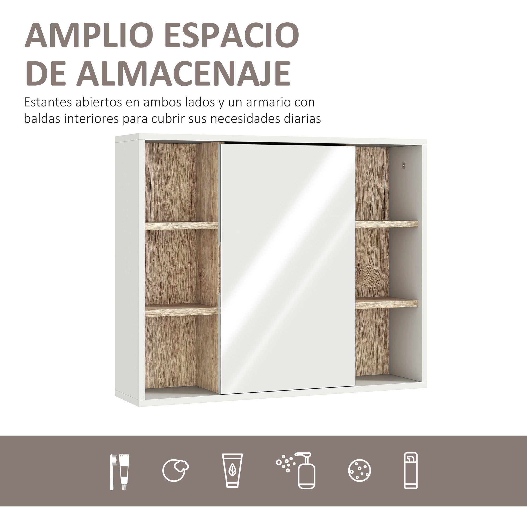 Armario blanco con estantes abiertos y espejo. Detalles en madera. Iconos abajo.