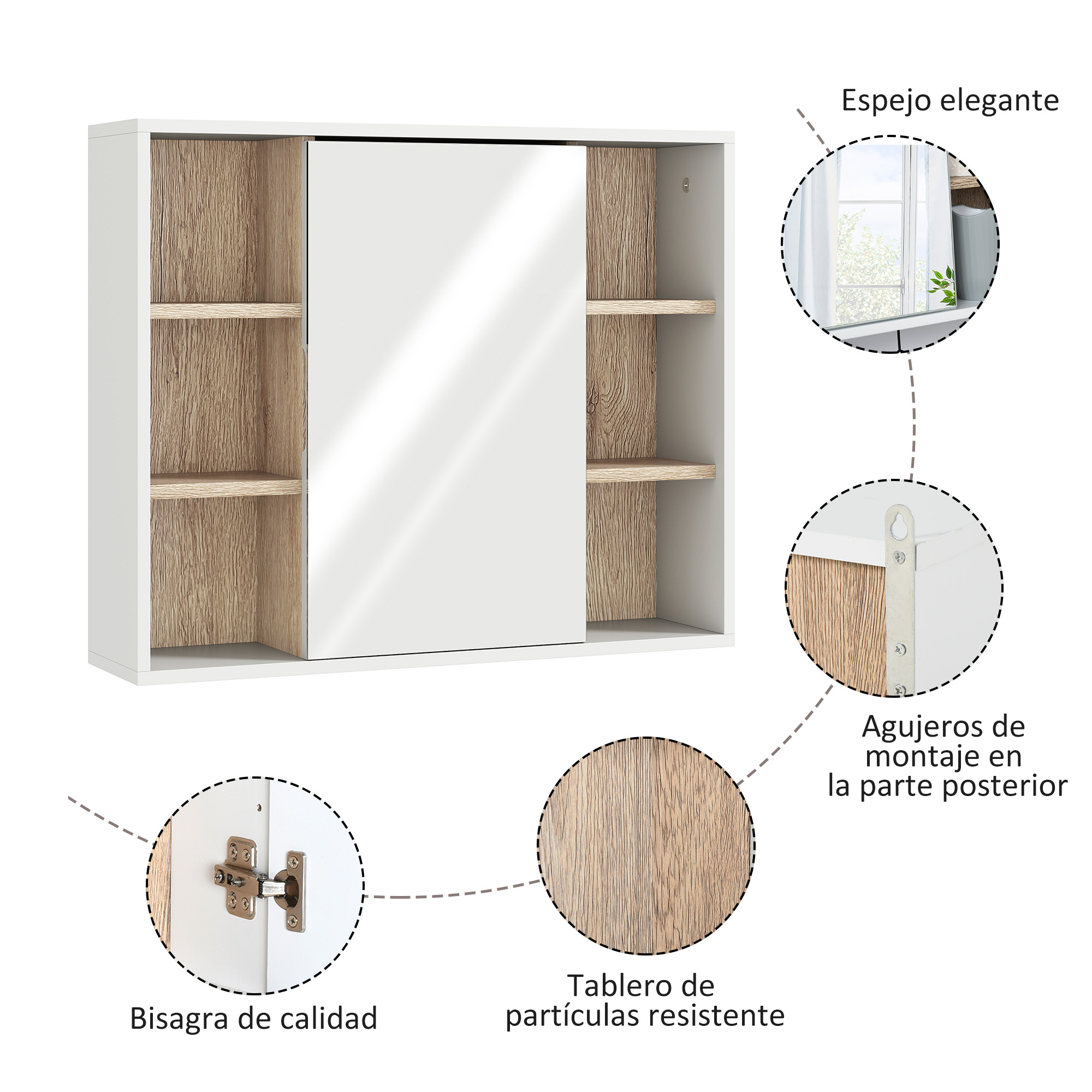 Gabinete de pared blanco moderno con estantes de madera.