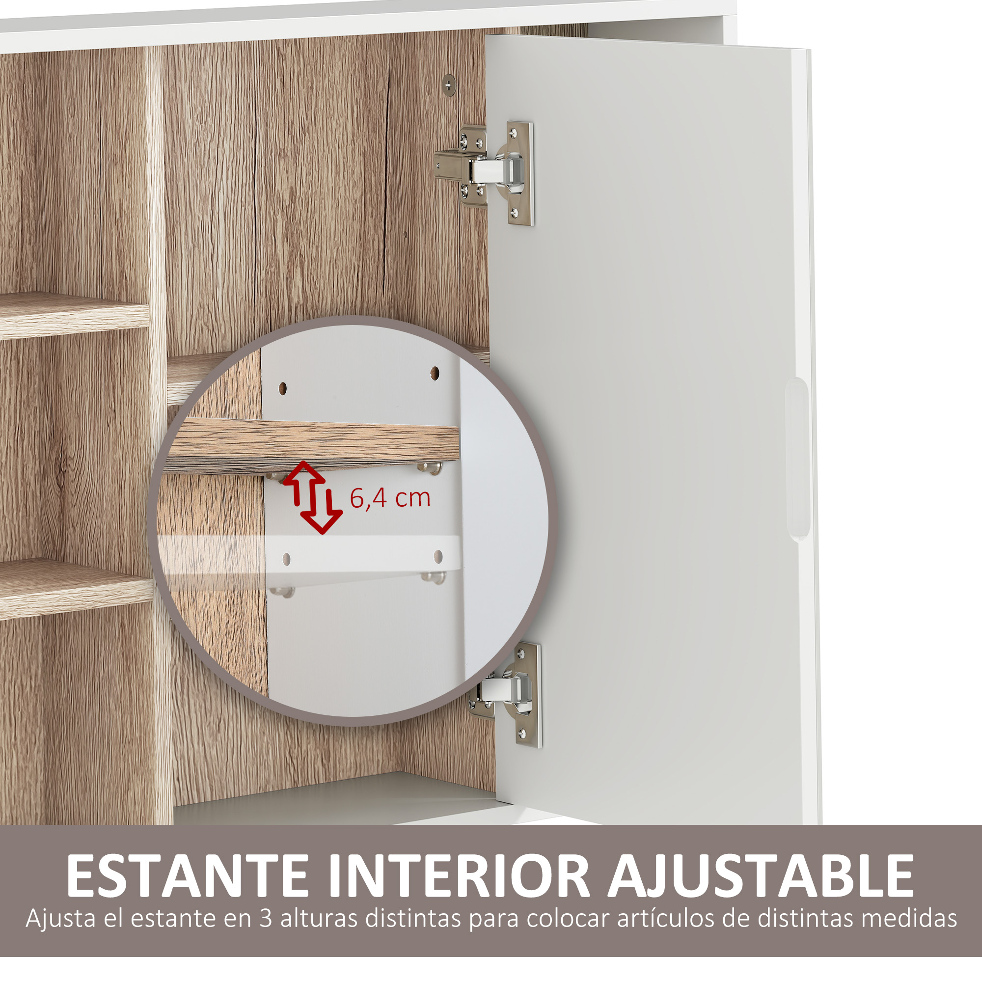 Estante ajustable en un armario con detalle de veta de madera y puerta blanca.