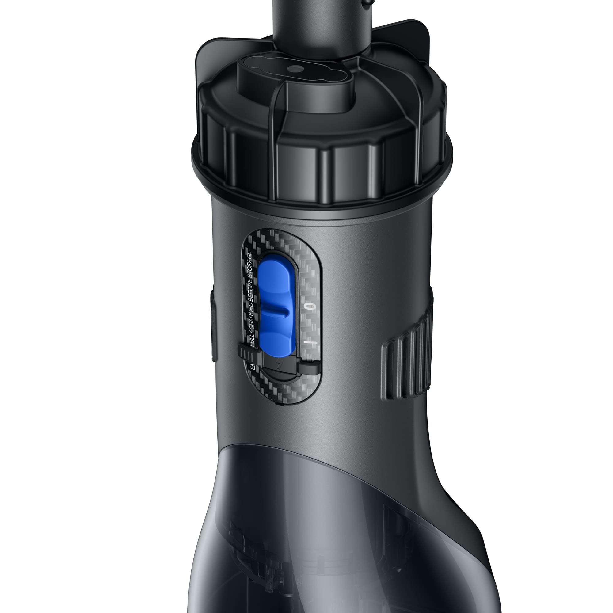 Primer plano de un dispositivo negro con interruptor y indicador azules.