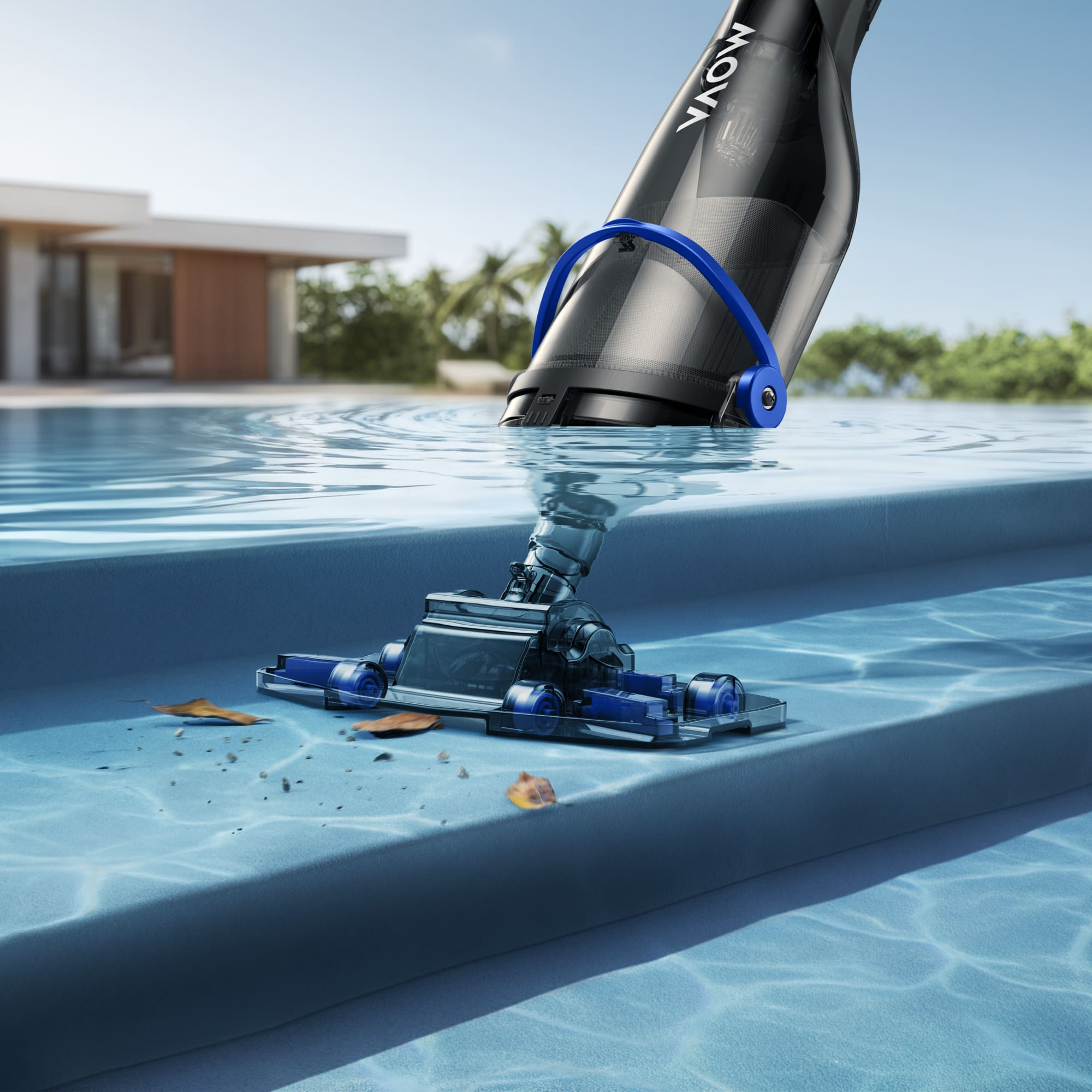Un limpiador de piscina con mango azul aspira hojas y escombros del fondo.