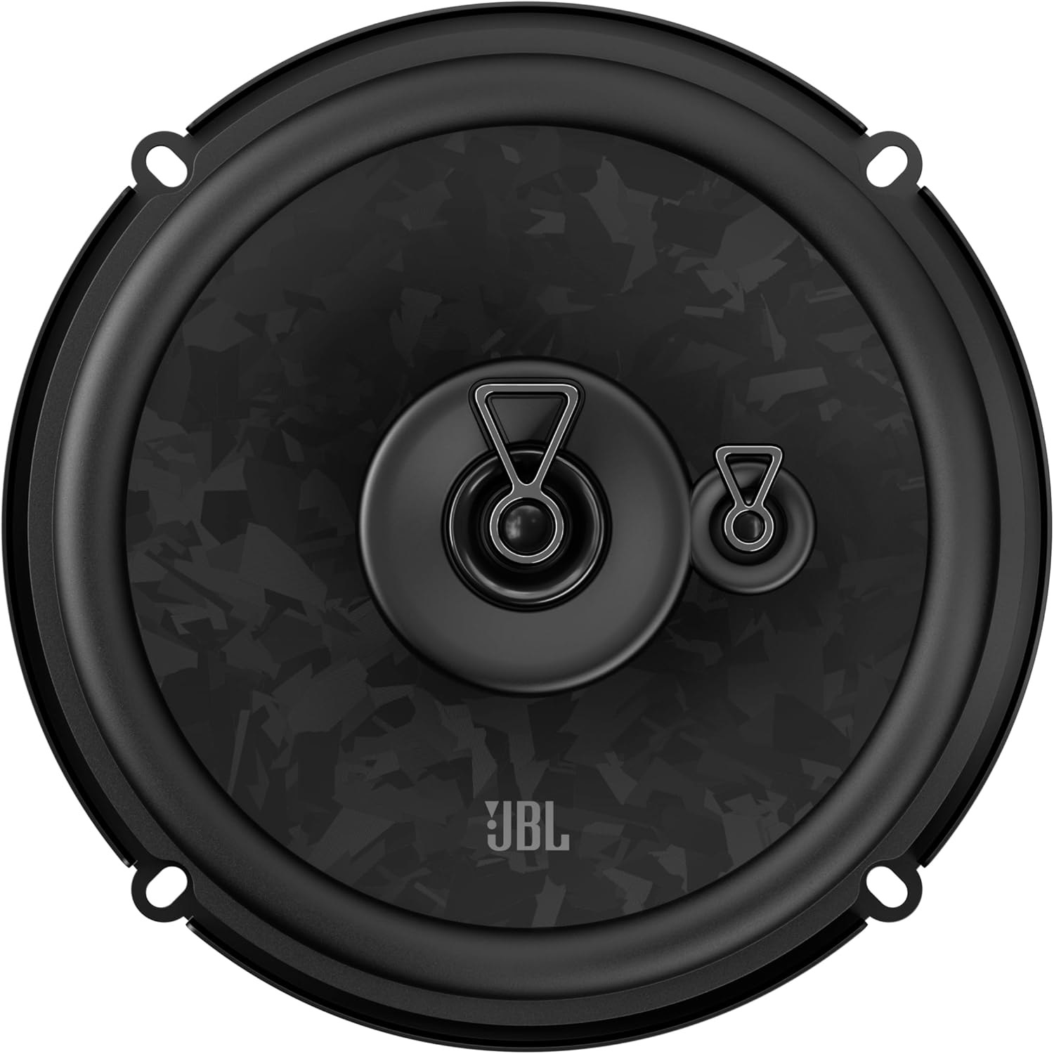 Schwarzer Lautsprecher mit Jbl-Logo und silbernen Akzenten auf schwarzem Hintergrund.