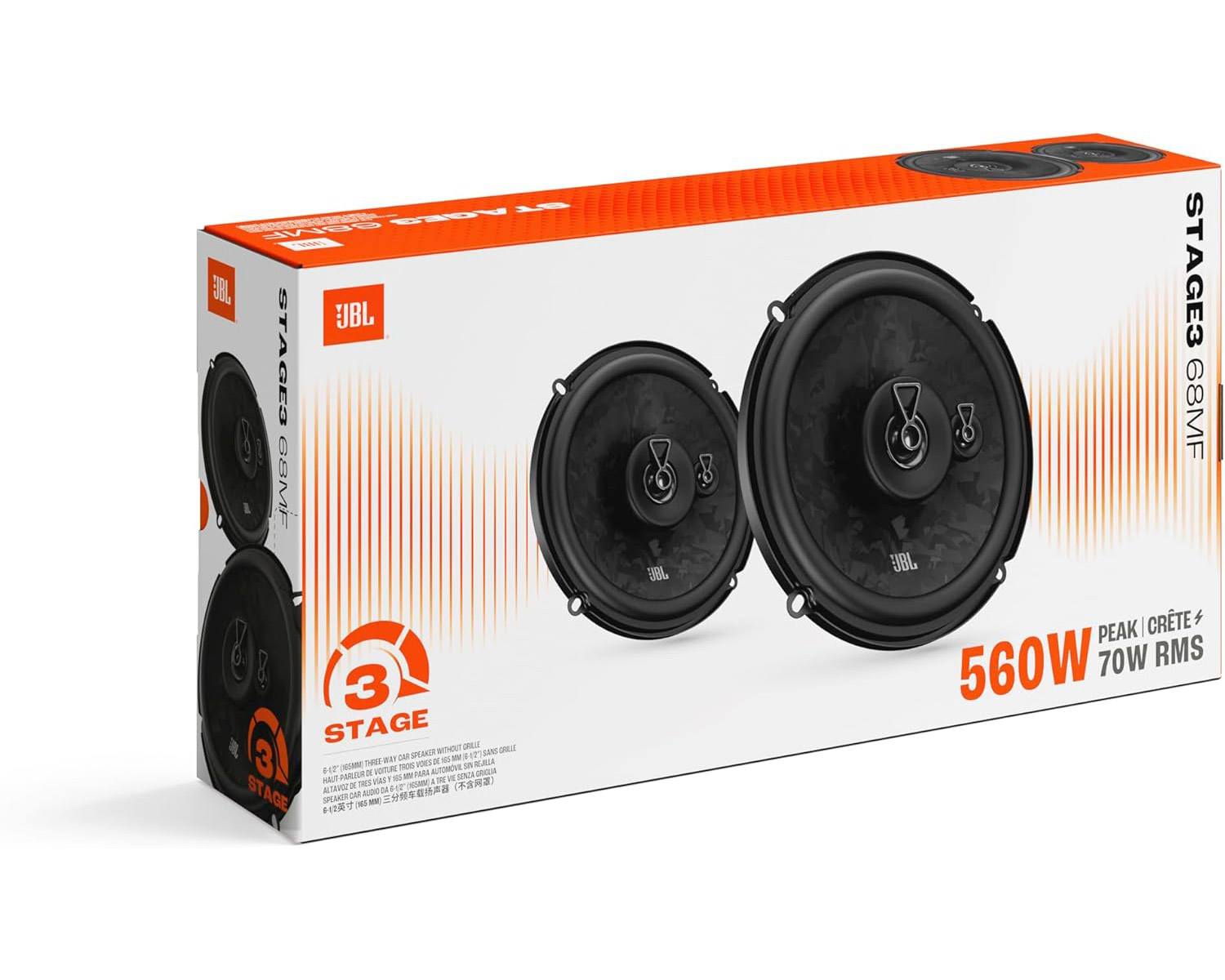 JBL Stage 3 68MF Lautsprecher auf Kartonverpackung, 560W Spitzenleistung.