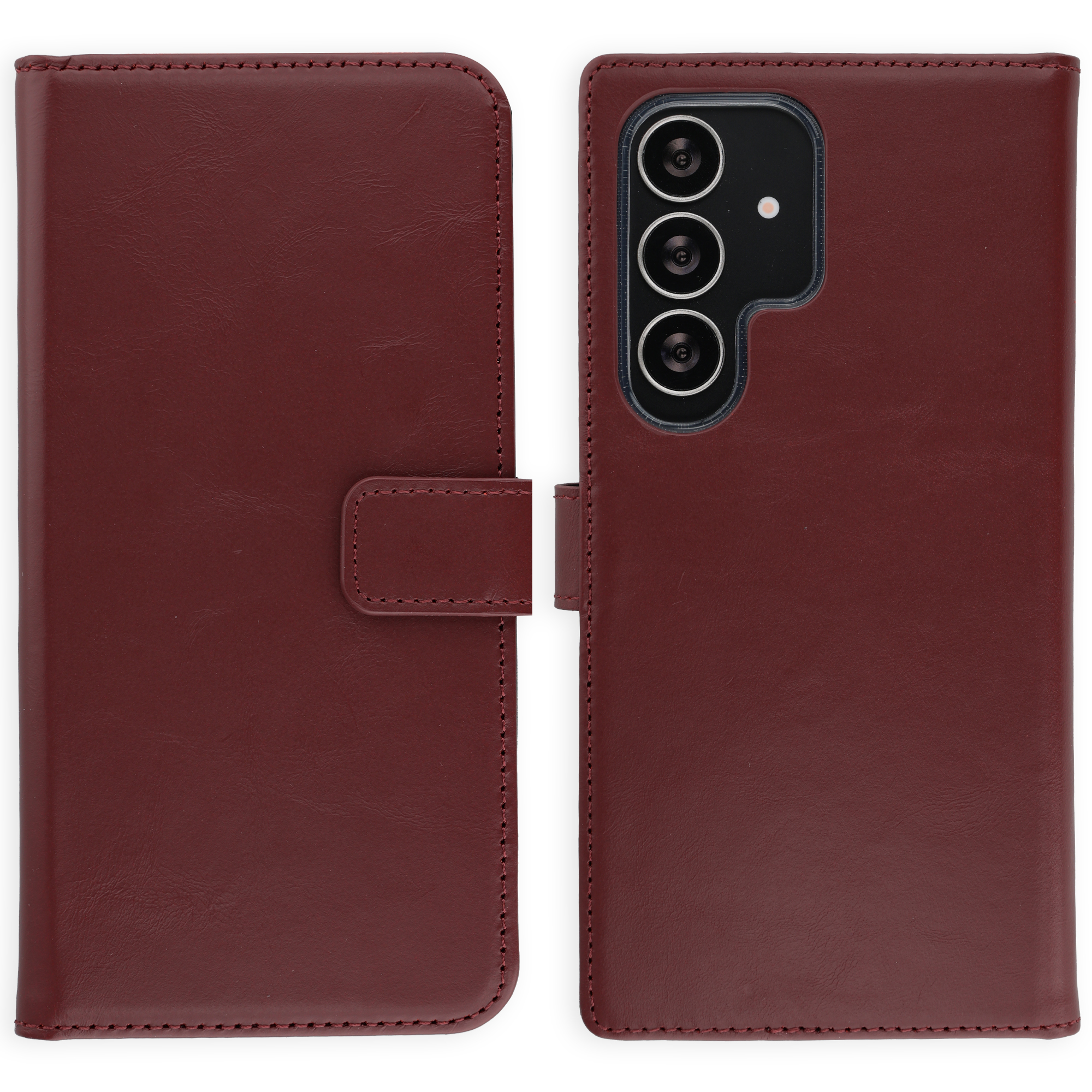 Een donkerrode leren flip case voor smartphone met drie cameralenzen.