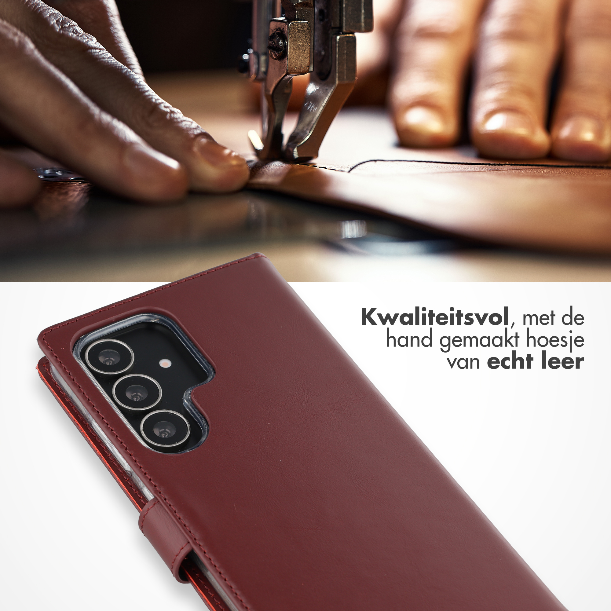 Handen naaien leer met naaimachine. Rode leren telefoonhoes op voorgrond.