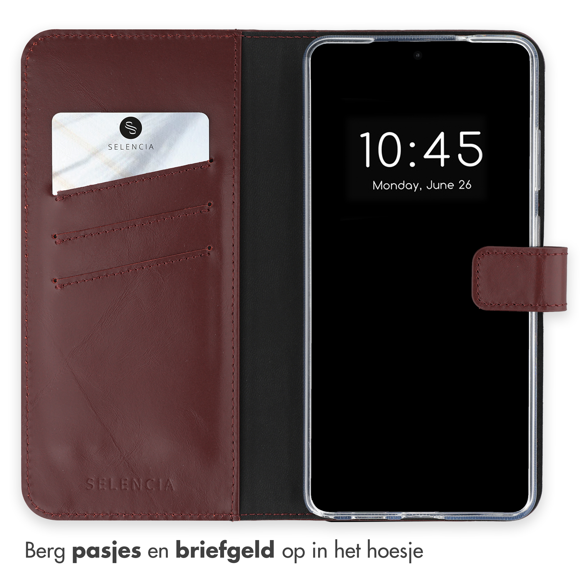 Een bruine portemonnee met kaarthouders en een smartphone met 10:45 tijd.