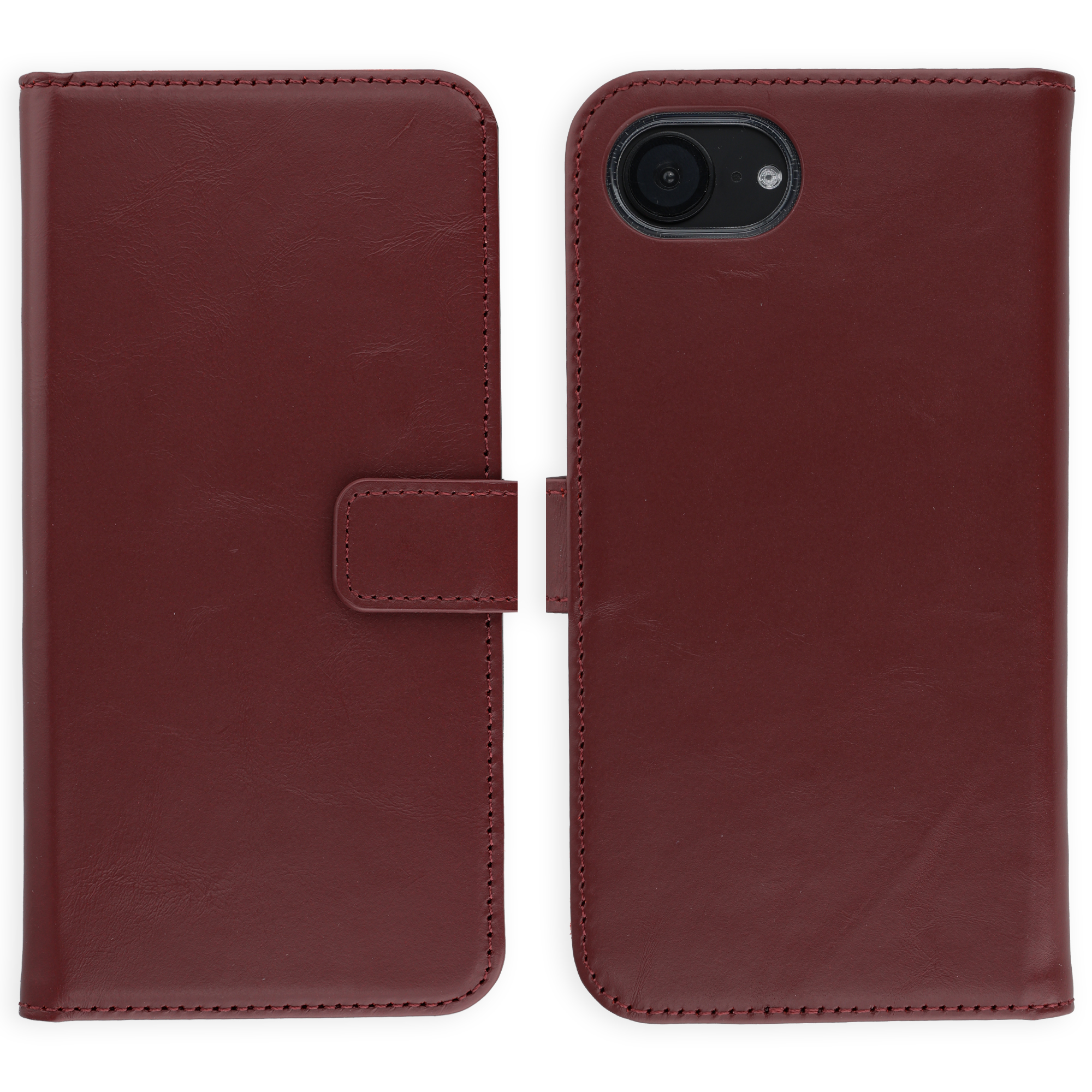 Étui de téléphone à rabat en cuir bordeaux avec découpe caméra.