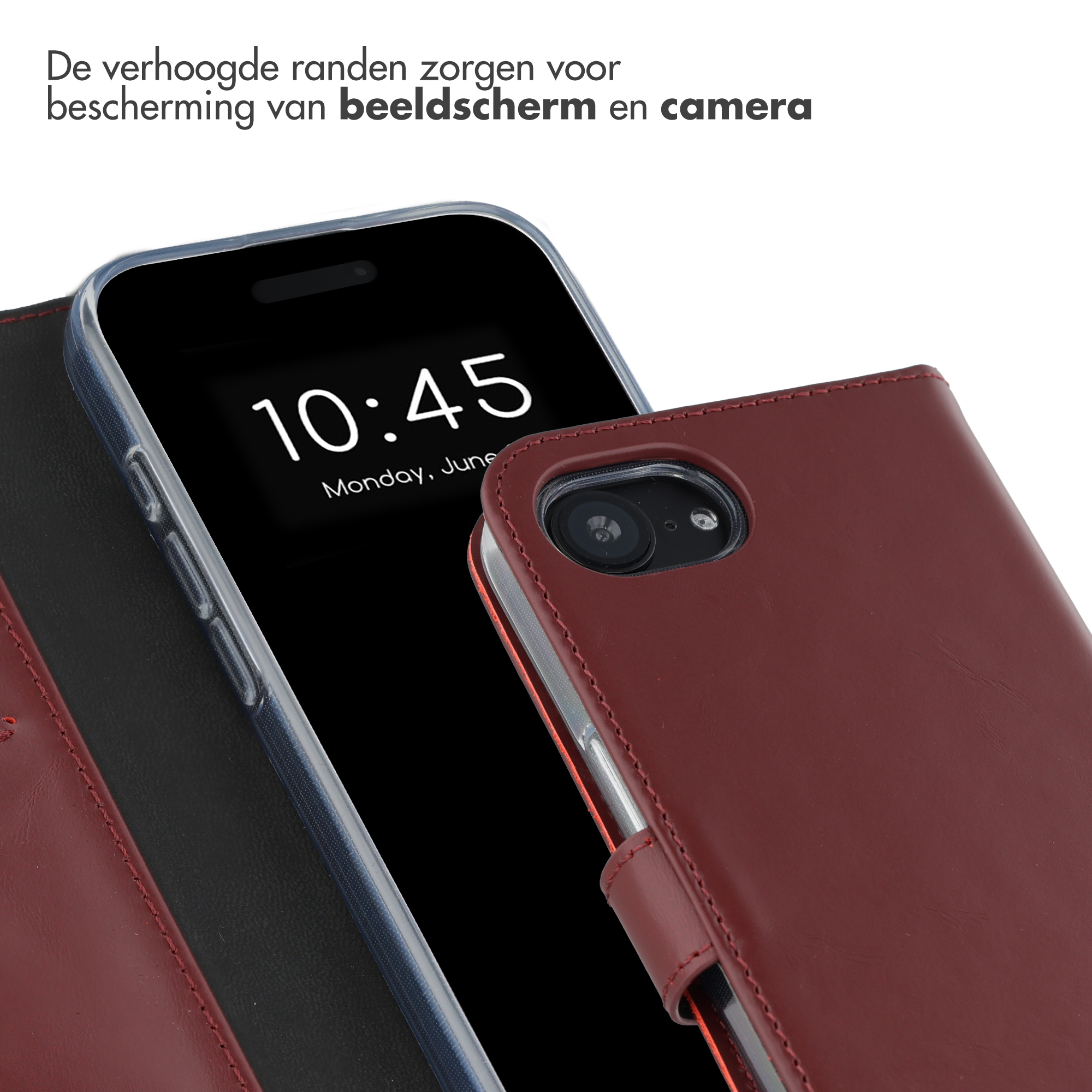 Un étui à rabat en cuir rouge foncé pour smartphone, montrant une partie de l'écran.