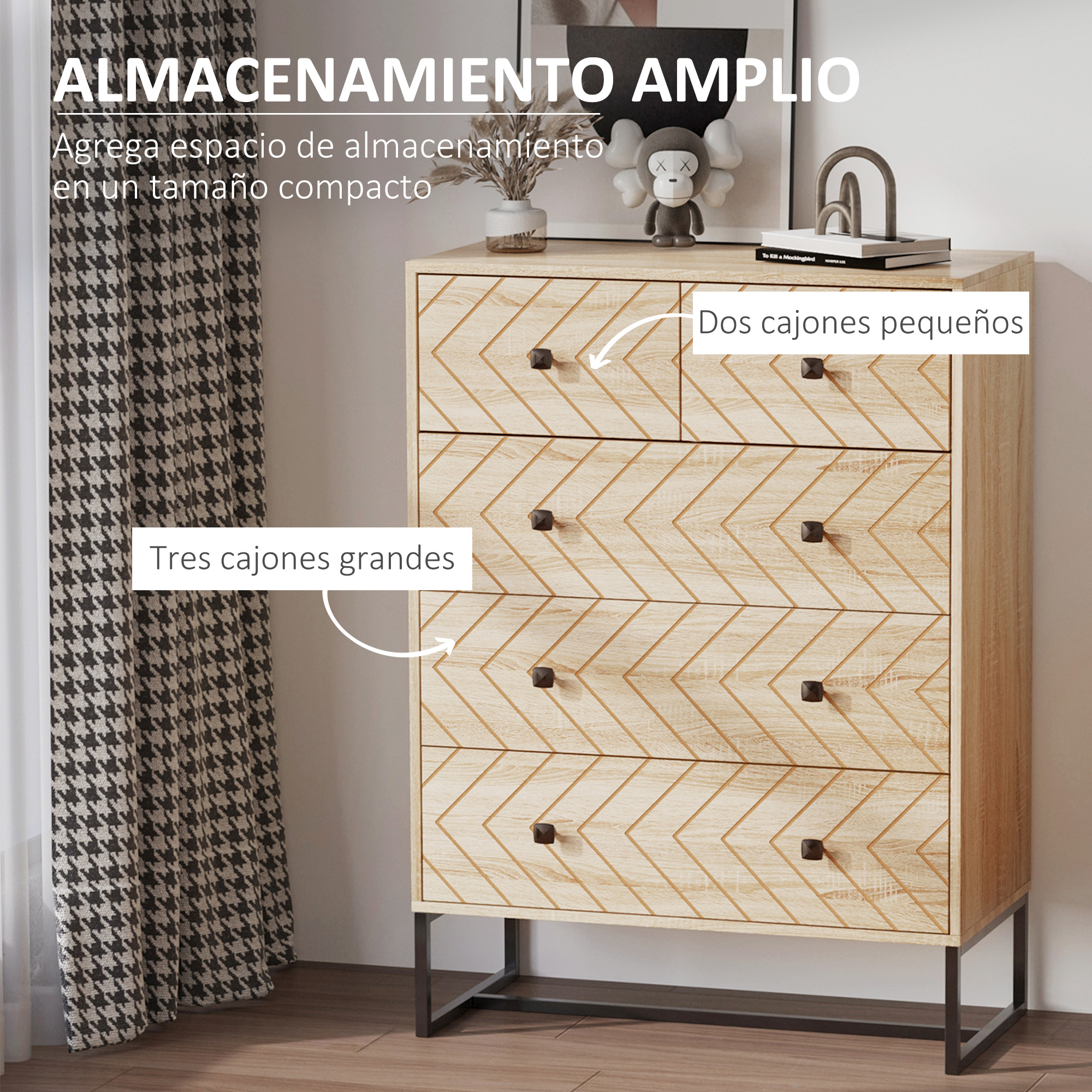 Cómoda de madera con 5 cajones, diseño de espiga, tiradores negros, base metálica.