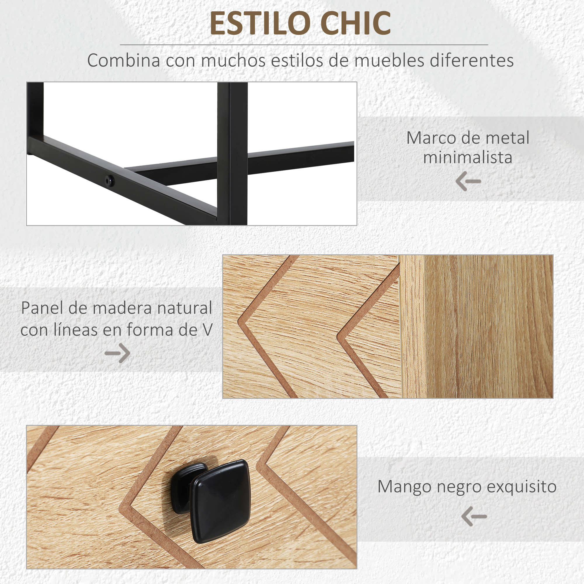 Marco de metal minimalista y panel de madera con V.