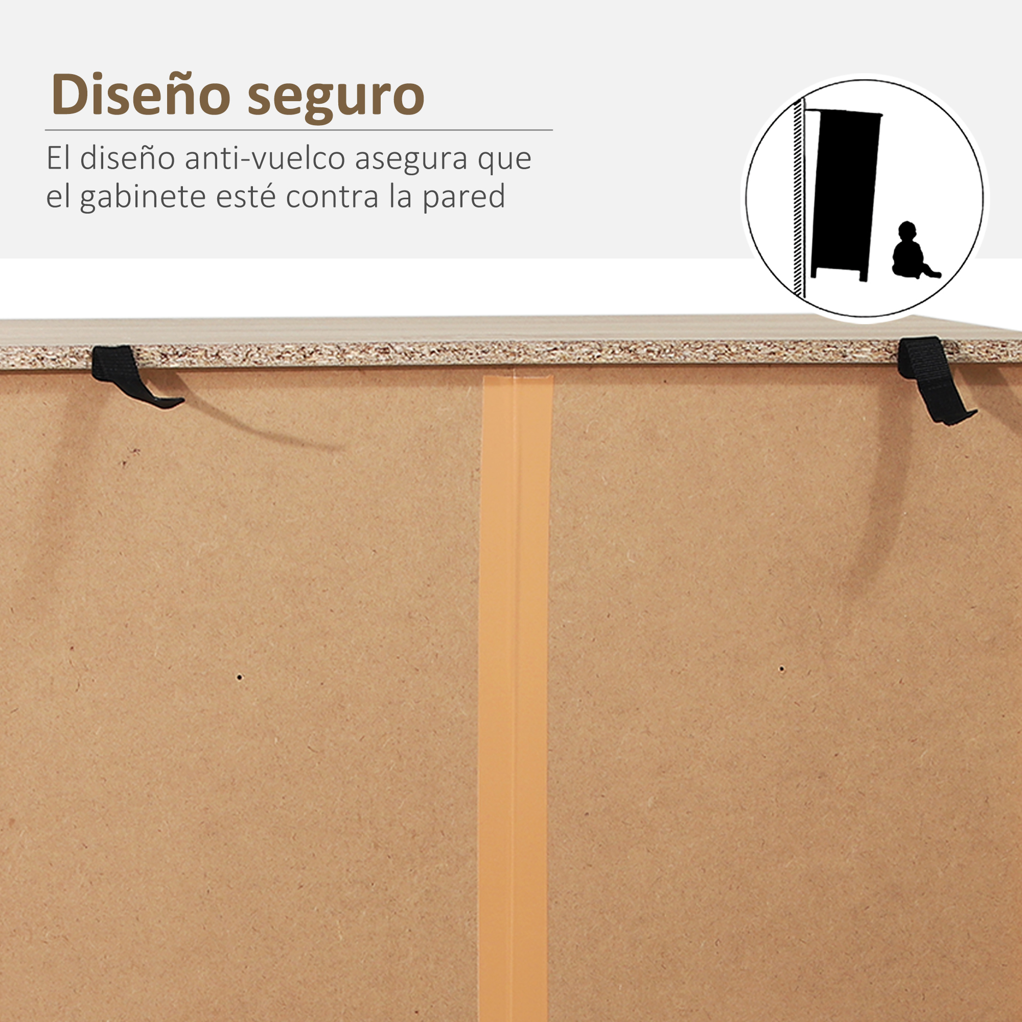 Diseño seguro: anti-vuelco asegura que el gabinete esté contra pared.