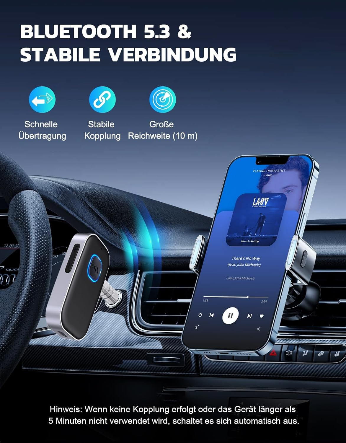 Bluetooth 5.3 Autoadapter mit Handyhalterung spielt Musik im Auto ab.