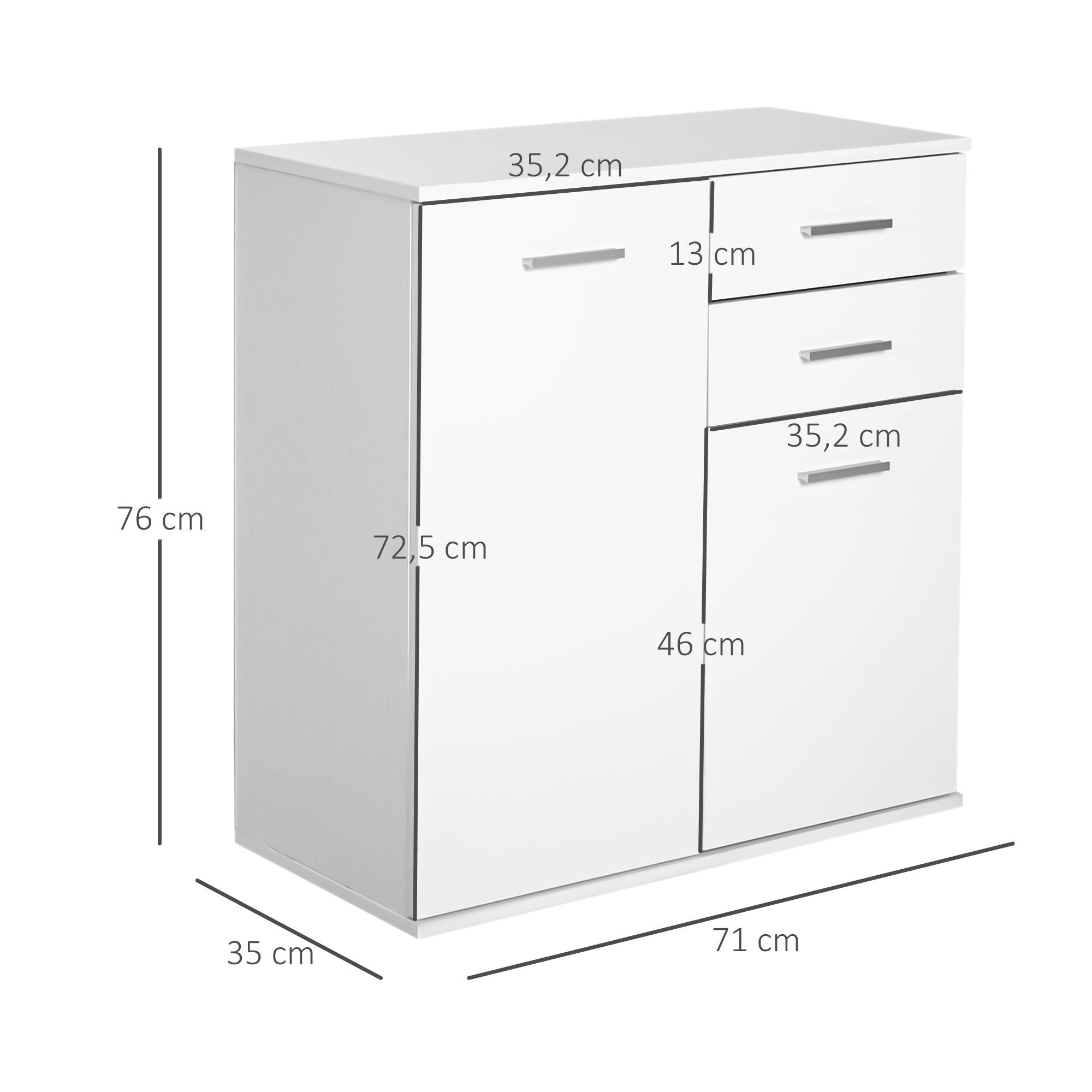 Armario blanco con dos puertas y tres cajones. Dimensiones mostradas.
