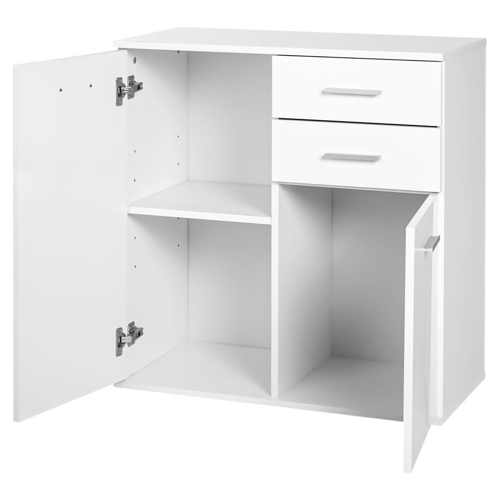 Un mueble blanco con puertas abiertas, una estantería y dos cajones.