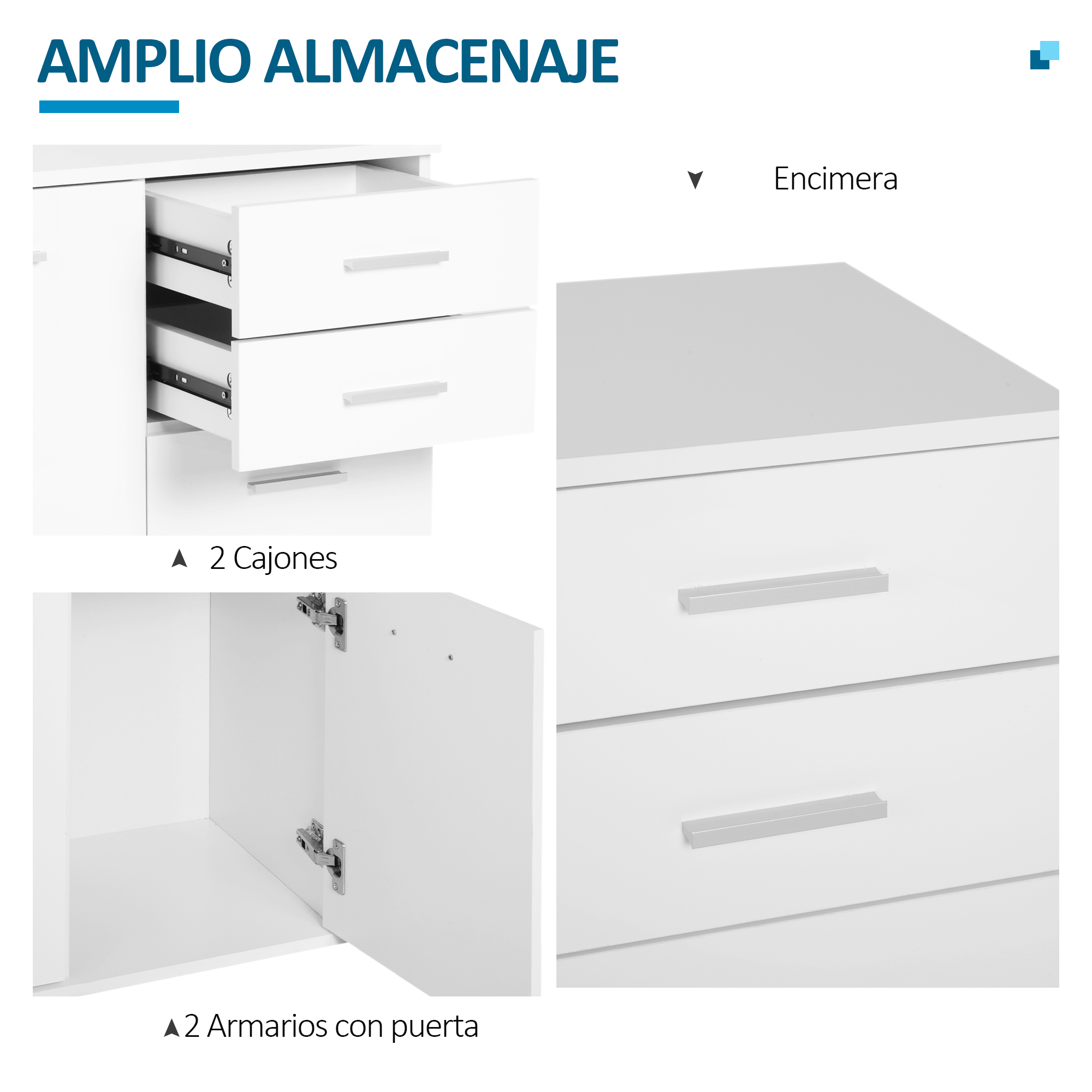 Puertas y cajones de muebles blancos con tiradores plateados.