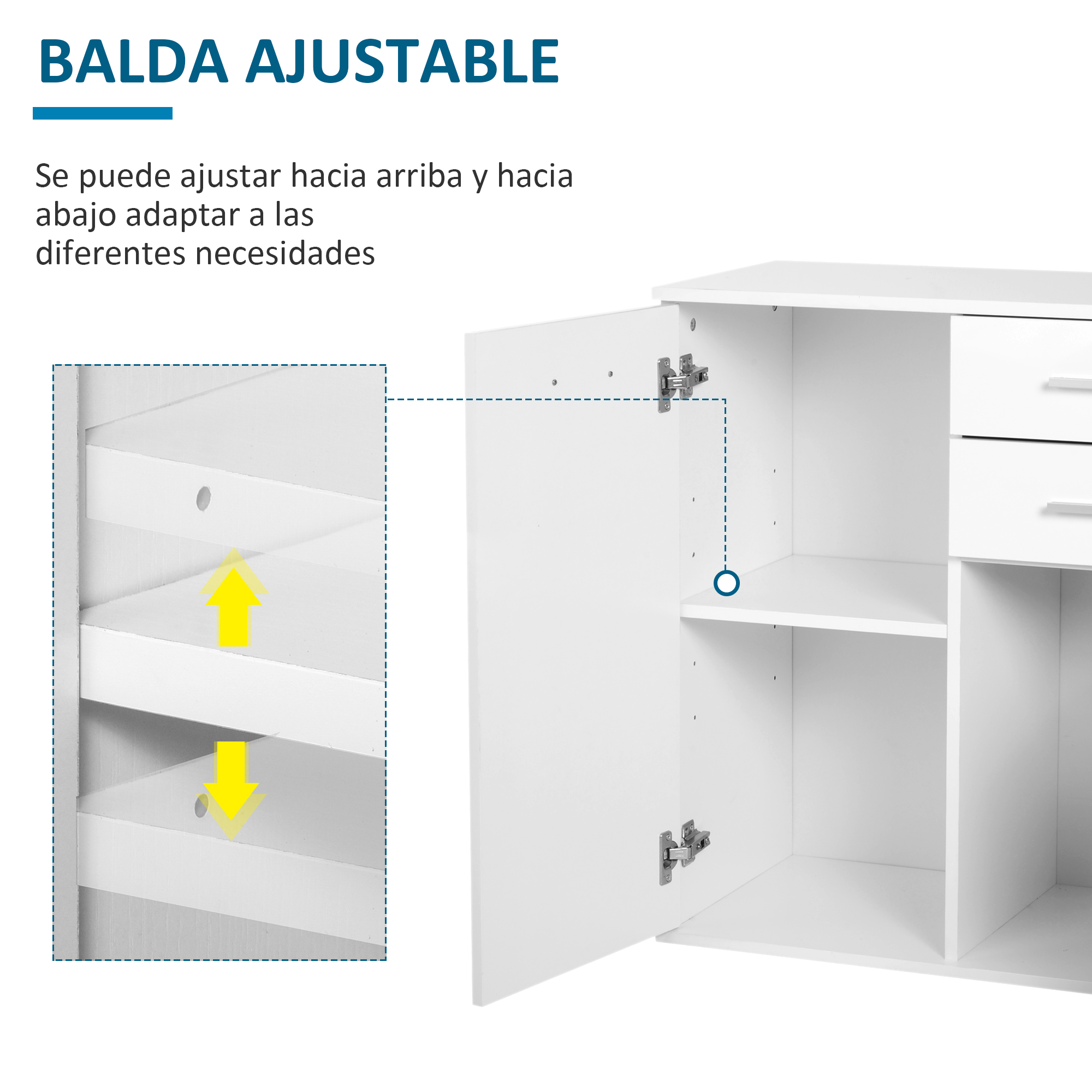 Mueble blanco con puerta abierta, estantes ajustables.