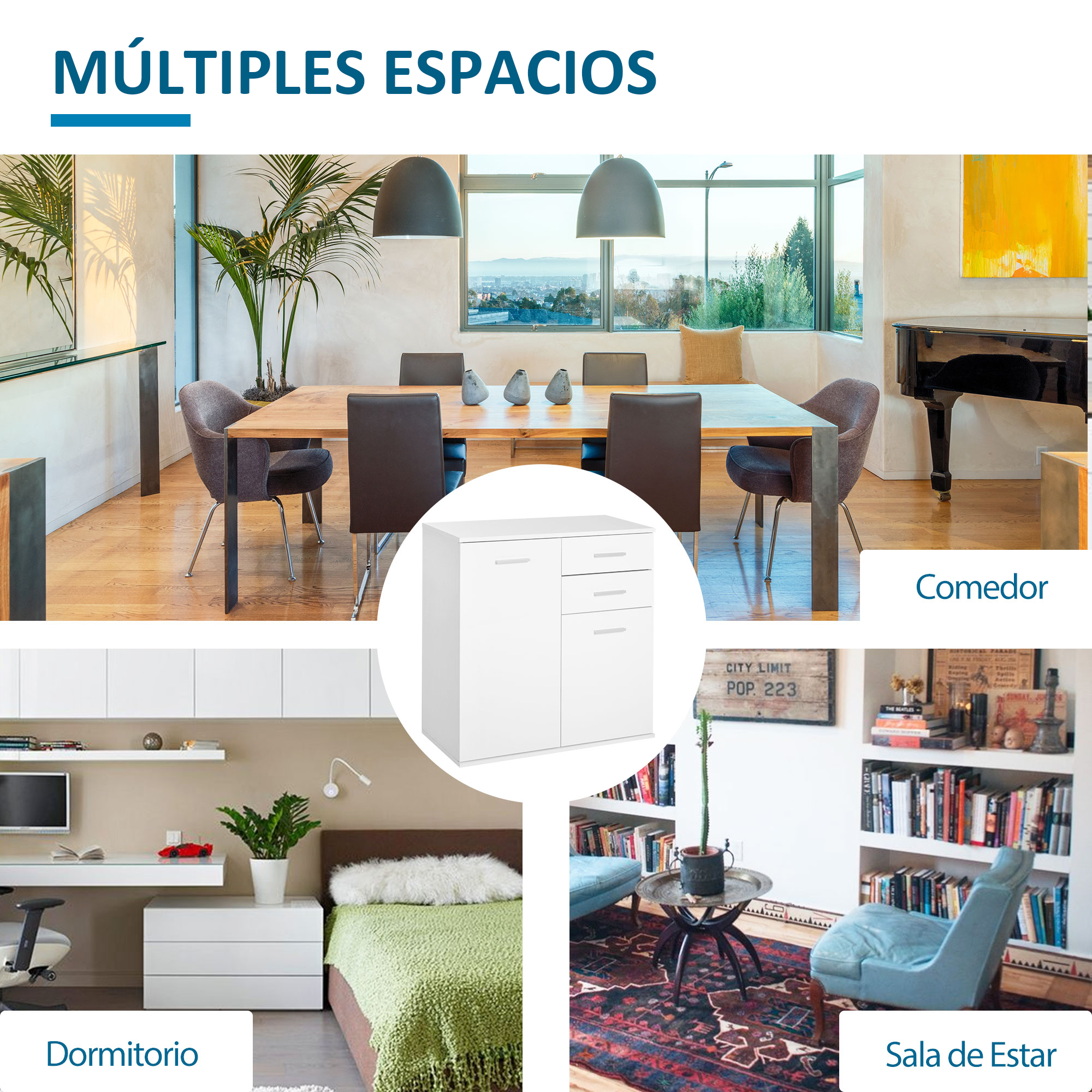Un comedor, un dormitorio con escritorio y una sala de estar.