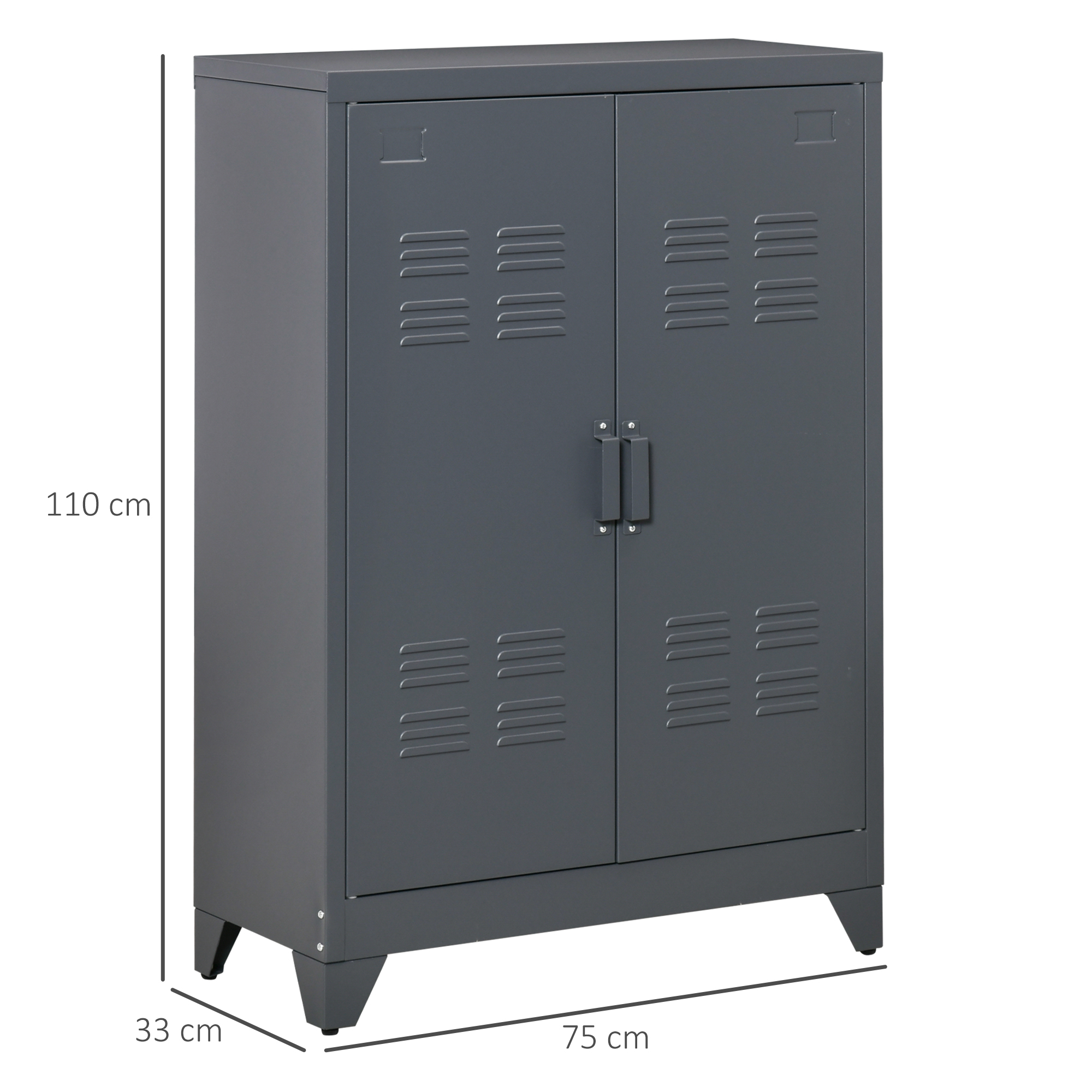 Un armario metálico gris con dos puertas y rejillas de ventilación.