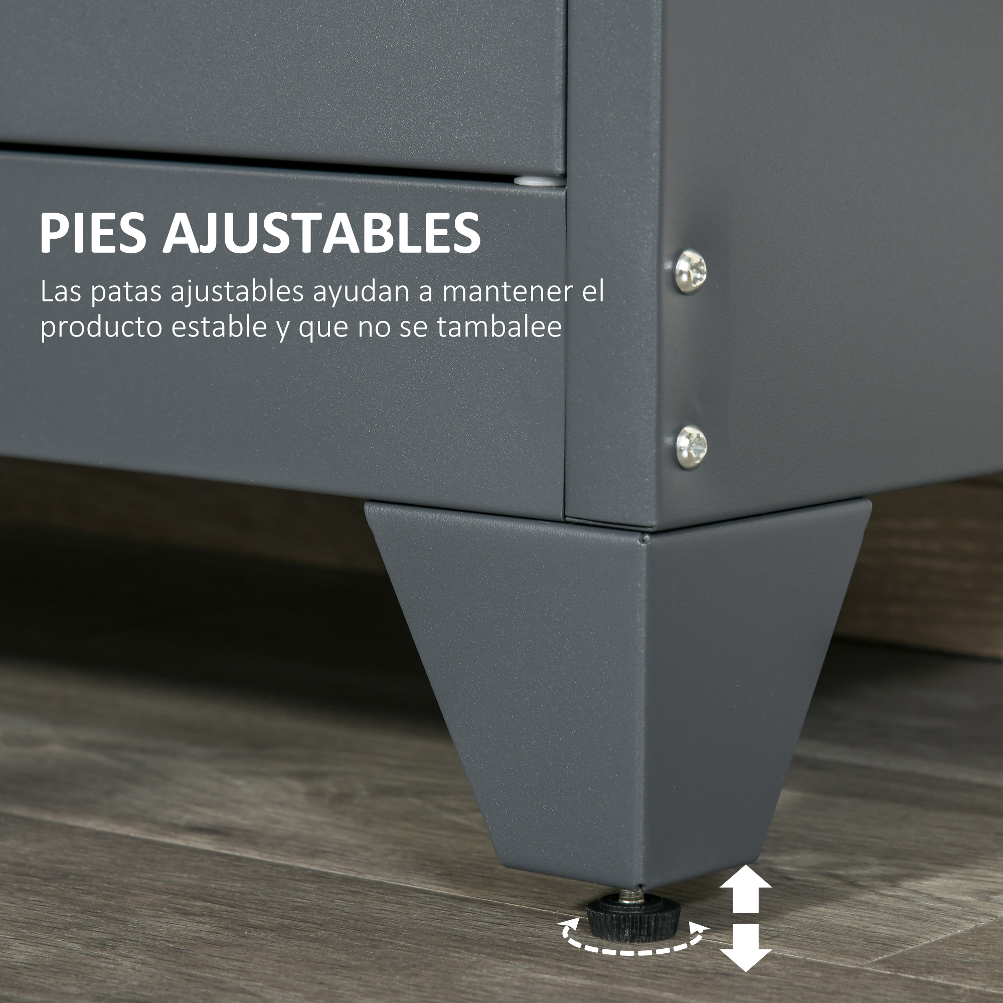 Mueble metálico gris con pie ajustable sobre suelo de madera.