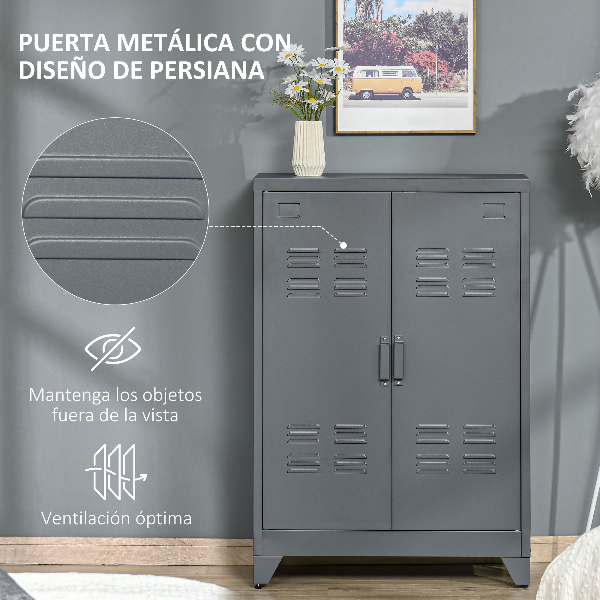 Gabinete metálico gris con ventilaciones y flores en jarrón.