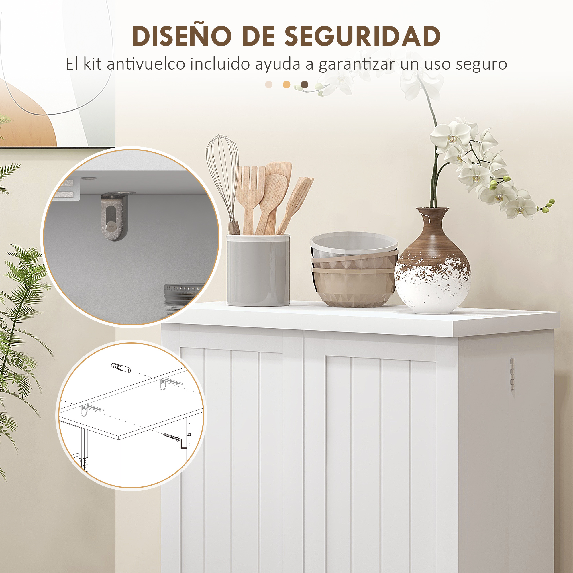 Un armario blanco con artículos decorativos e instrucciones.