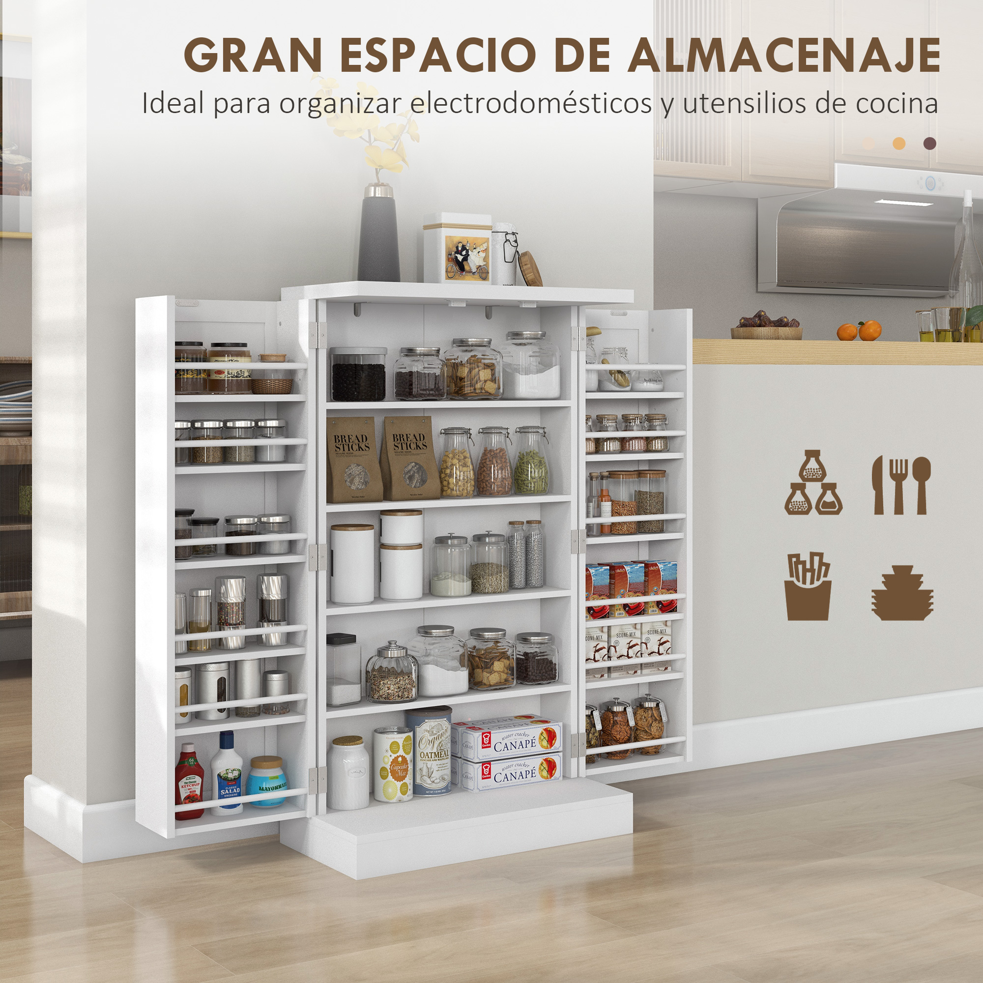Un armario de cocina blanco con muchos estantes, lleno de alimentos y utensilios.