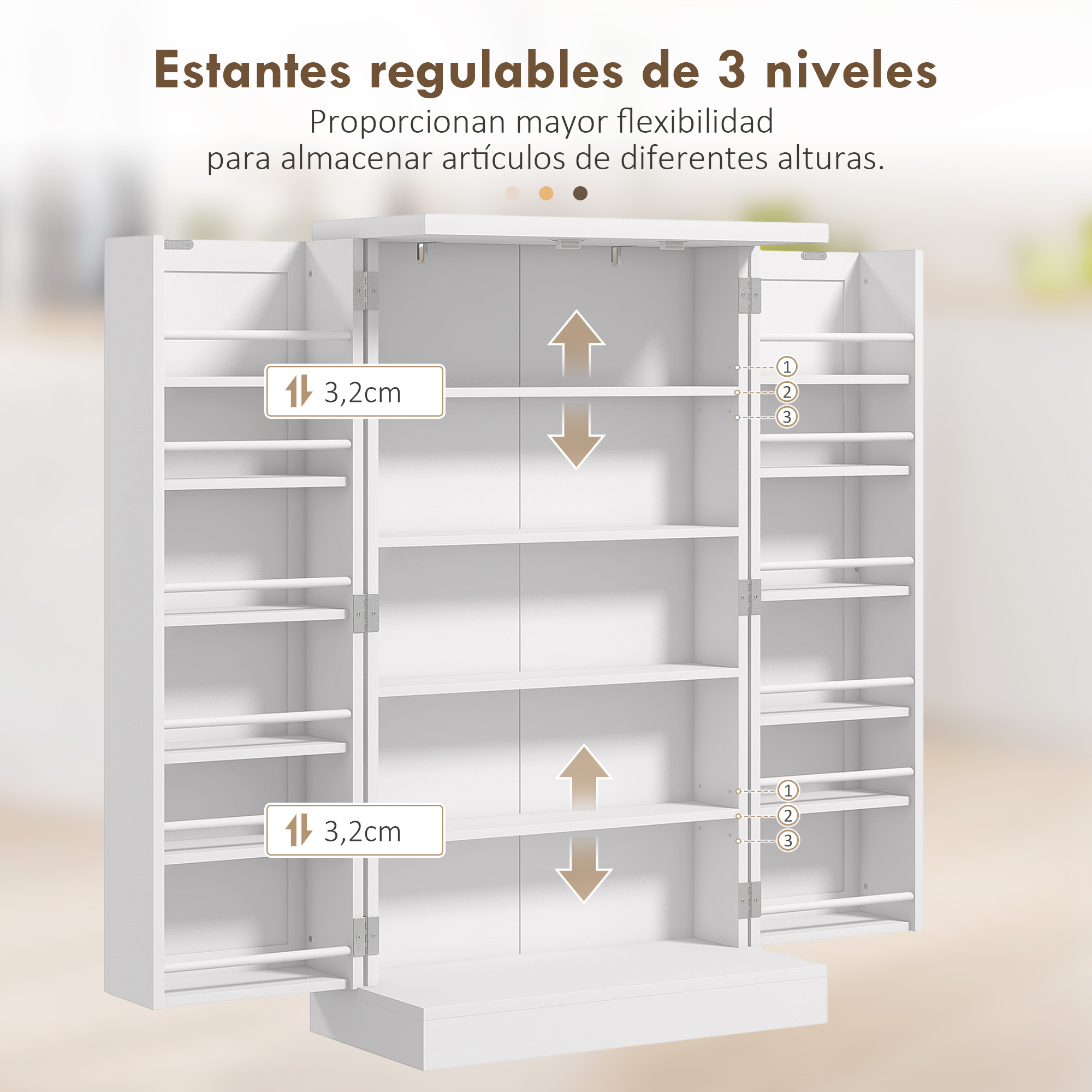 Un estante blanco ajustable de tres niveles con puertas abiertas.