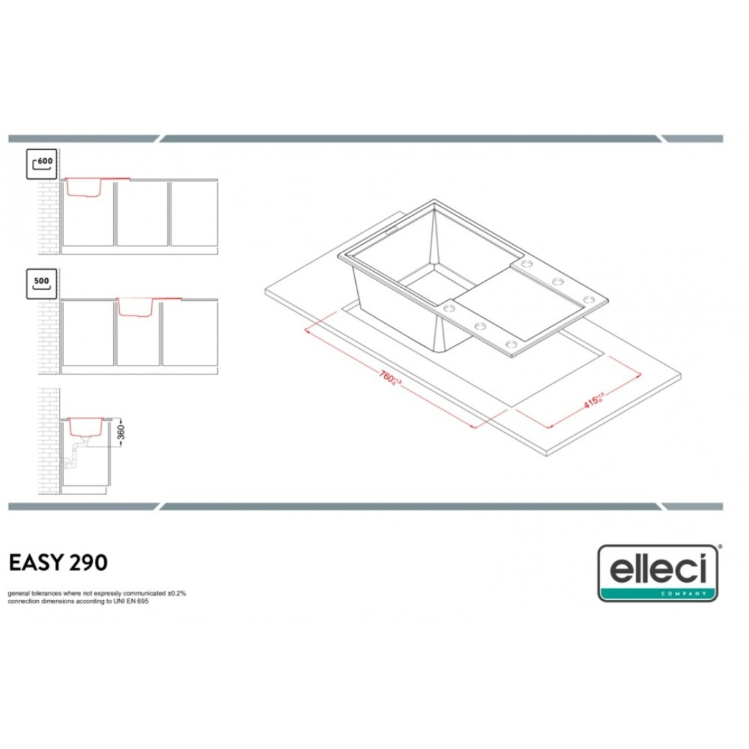 Disegno tecnico di un lavello con dimensioni e dettagli di installazione.
