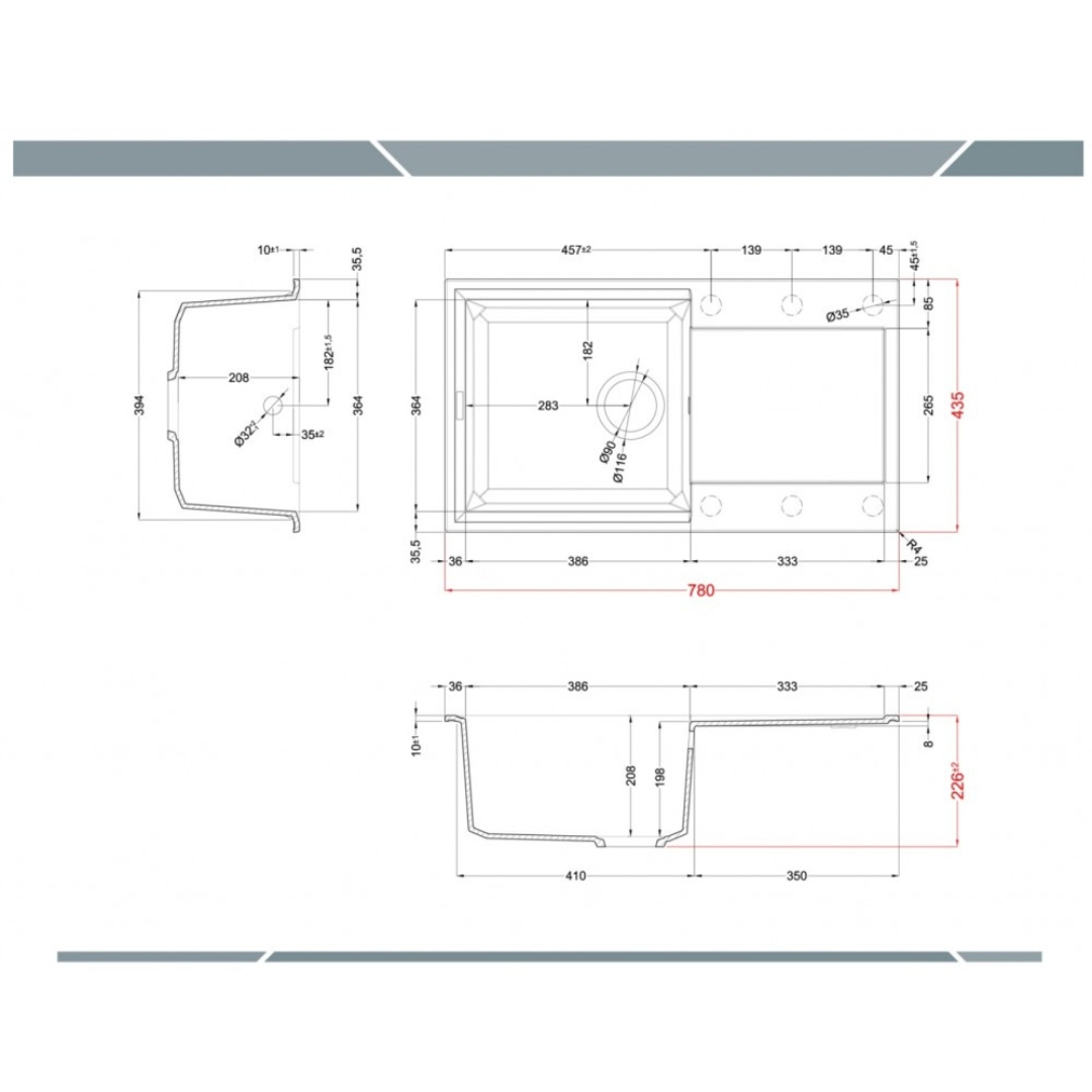 Disegno tecnico di un lavello con dimensioni e viste.
