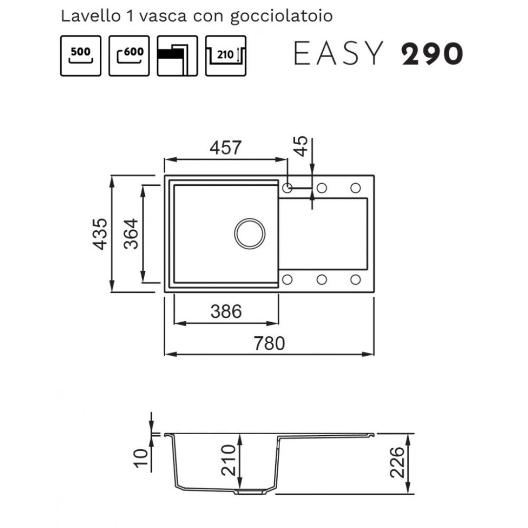 Disegno tecnico di un lavello con gocciolatoio e dimensioni.