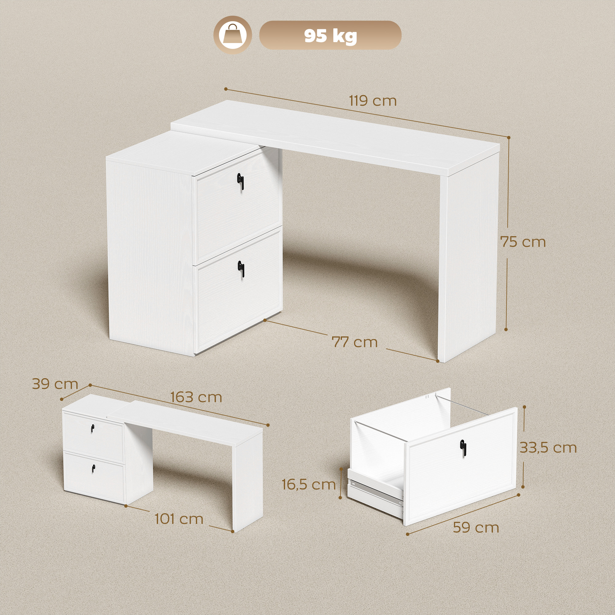 Conjunto de escritorio blanco con cajones, dimensiones indicadas.