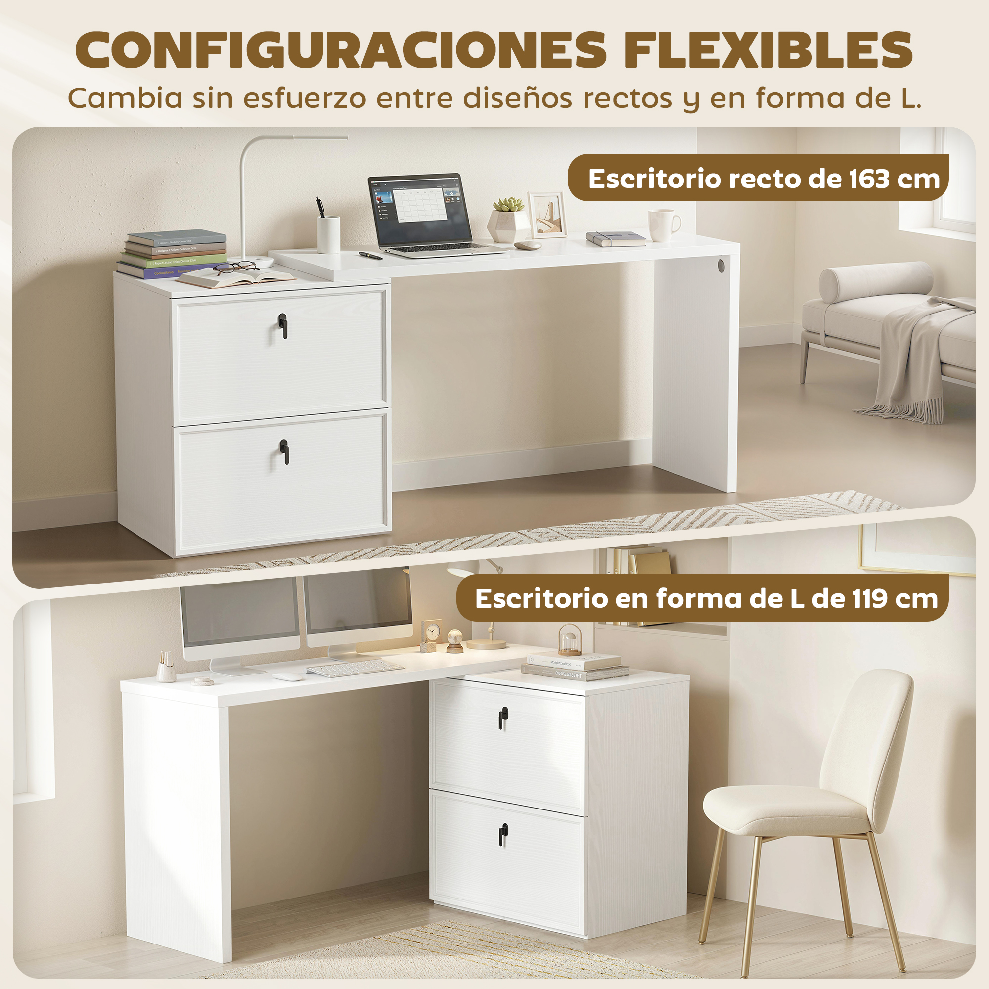 Un escritorio blanco de diseño recto con portátil y cajones.