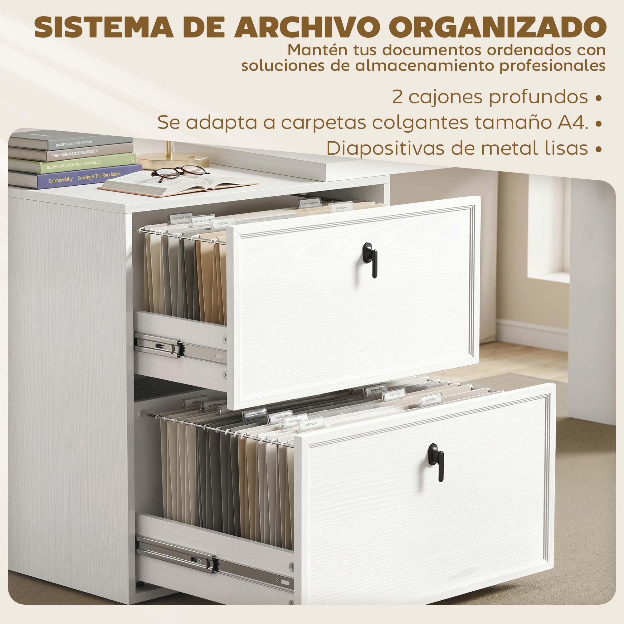 Un archivador blanco con dos cajones abiertos llenos de carpetas colgantes.