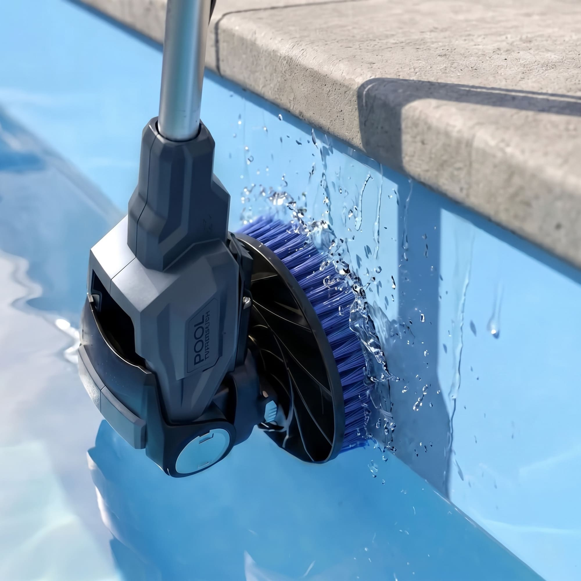 Un cepillo azul para piscina limpia la pared de la piscina bajo un borde de hormigón gris.