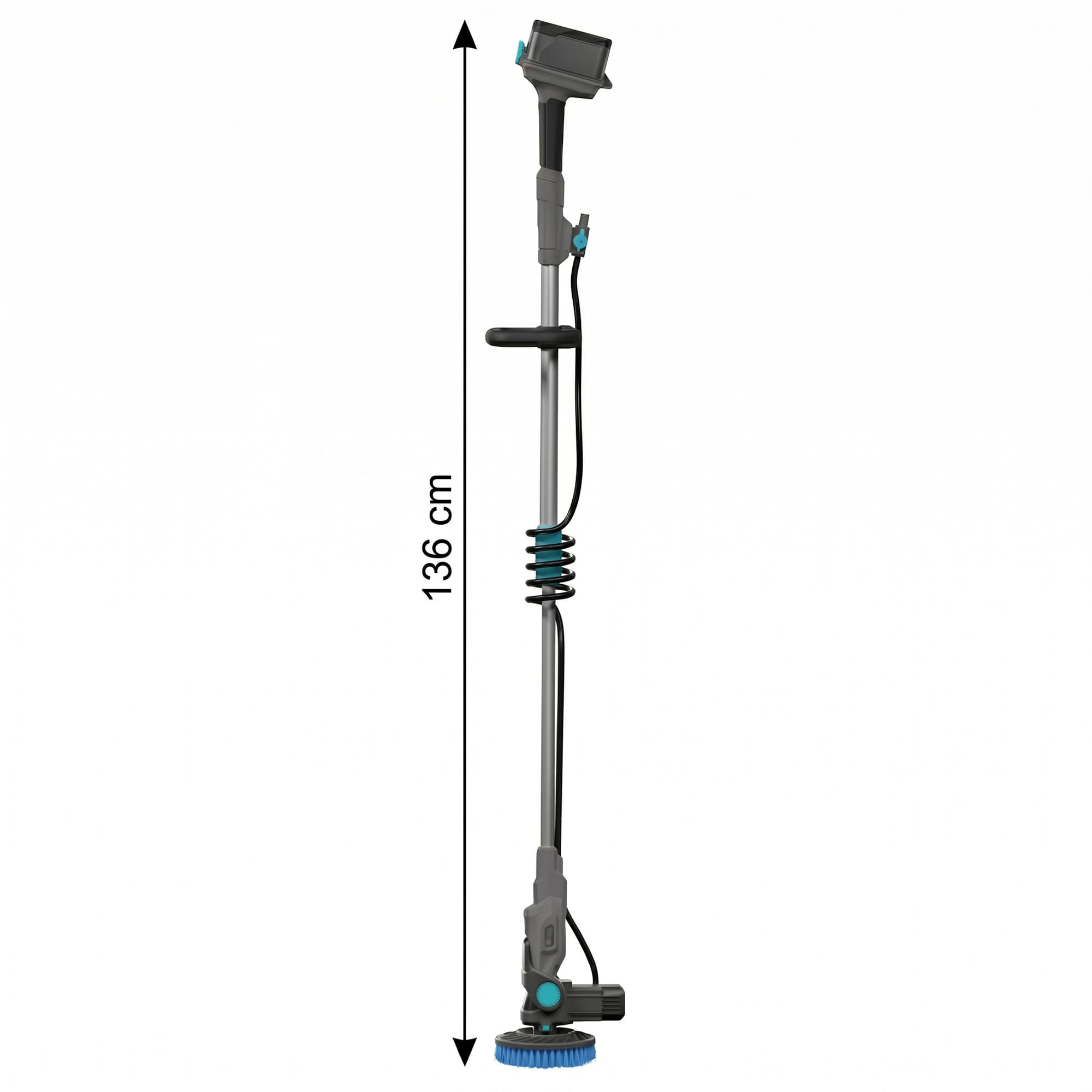 Una mopa de limpieza de 136 cm con cabezal de cepillo azul y cable negro.