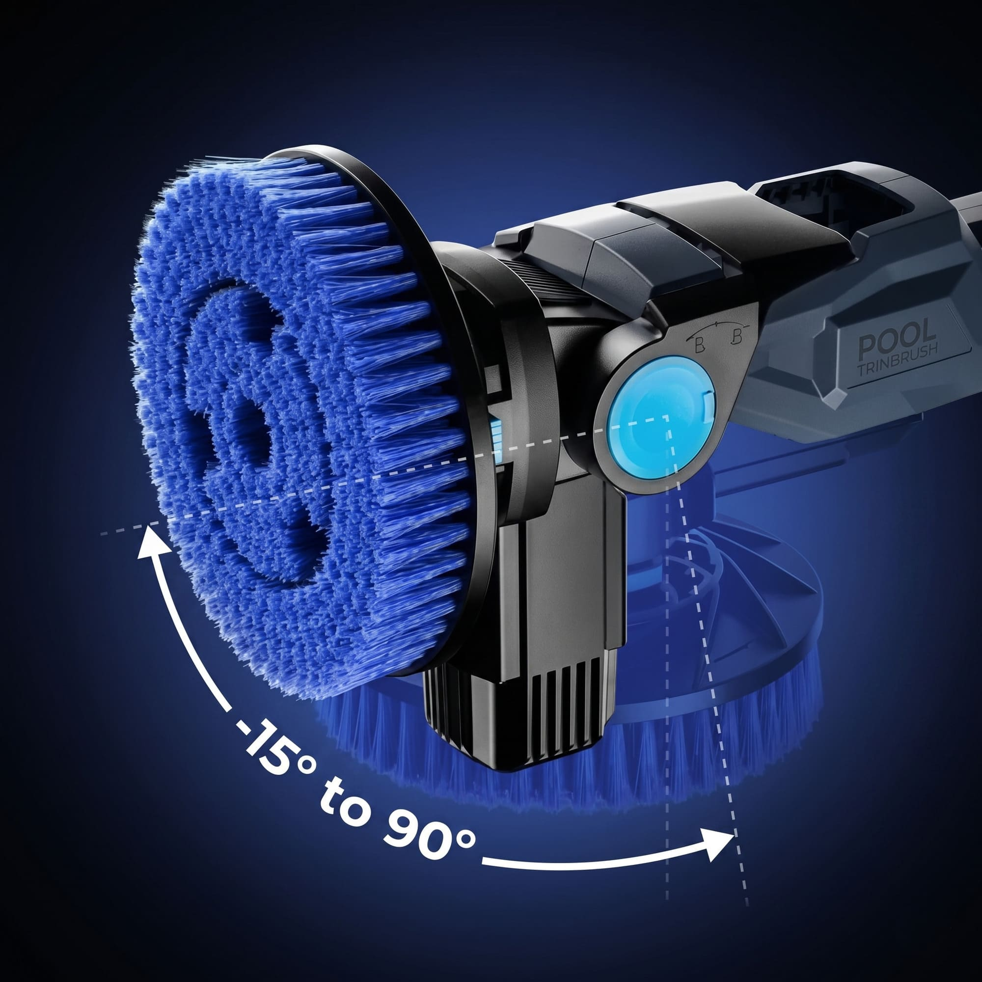 Un cabezal de cepillo azul con cerdas está unido a un dispositivo de limpieza negro. Se muestra ajuste de ángulo.