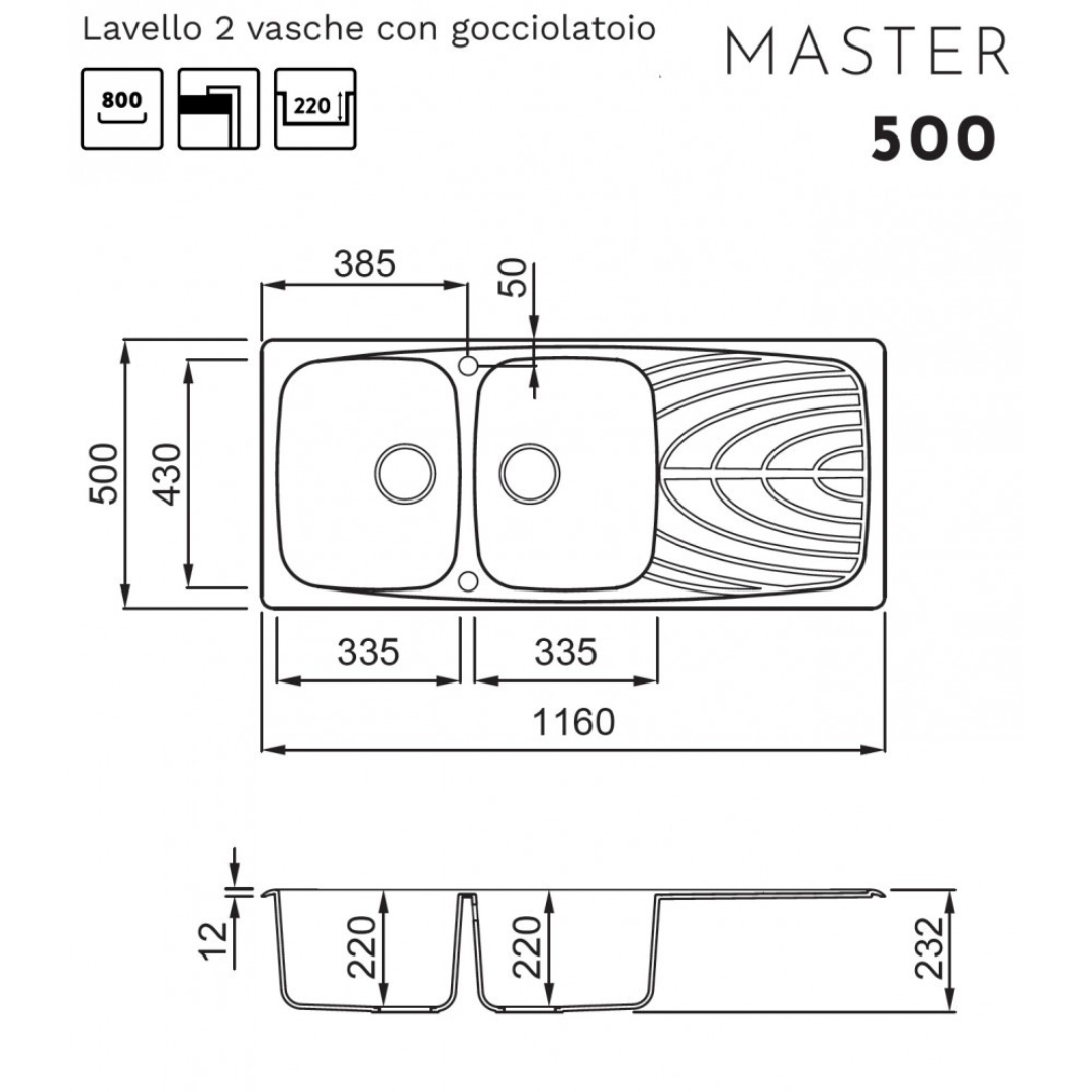 Disegno tecnico di un lavello doppio con dimensioni. Mostra vista dall'alto e laterale.